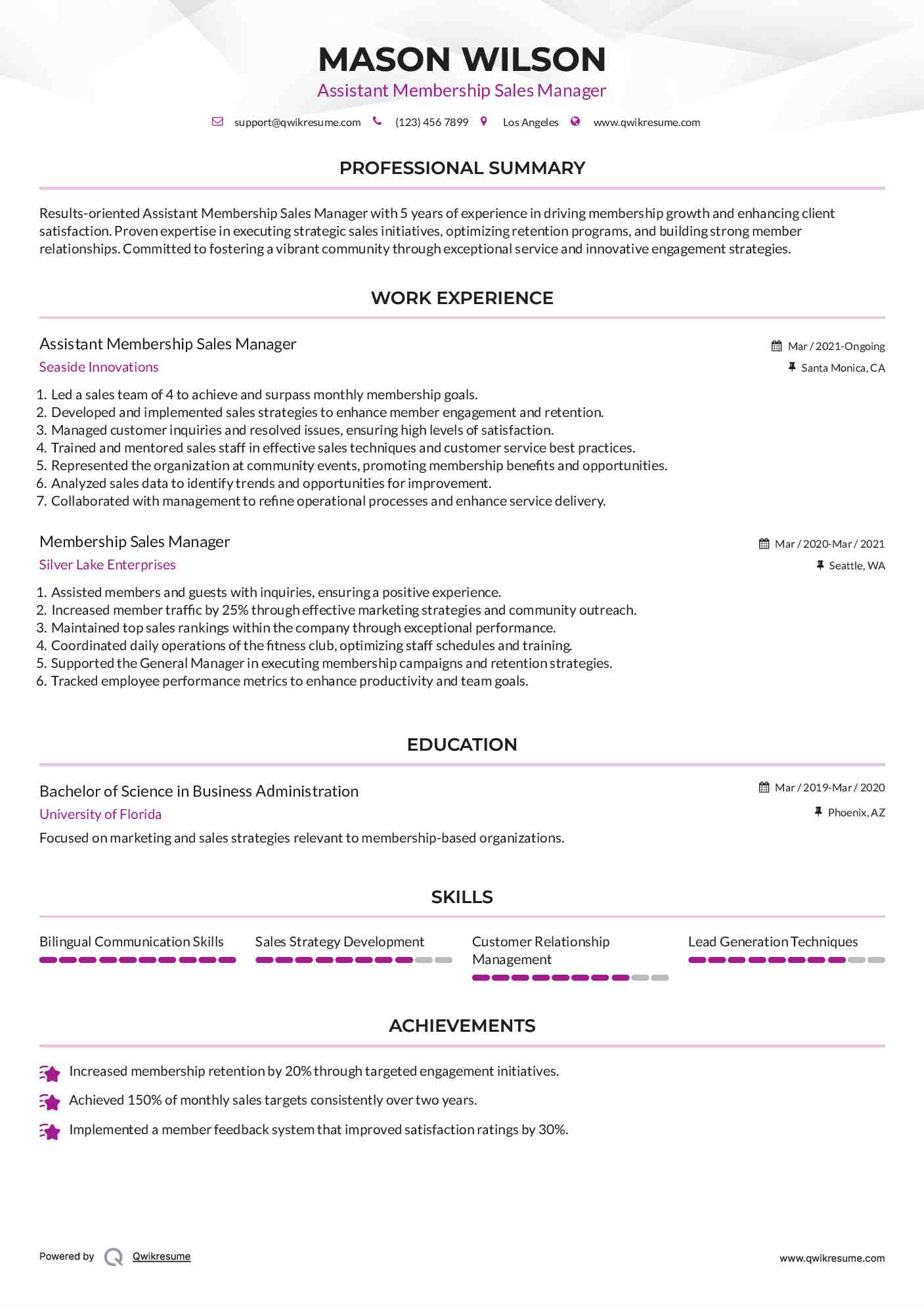 Assistant Membership Sales Manager Resume Format