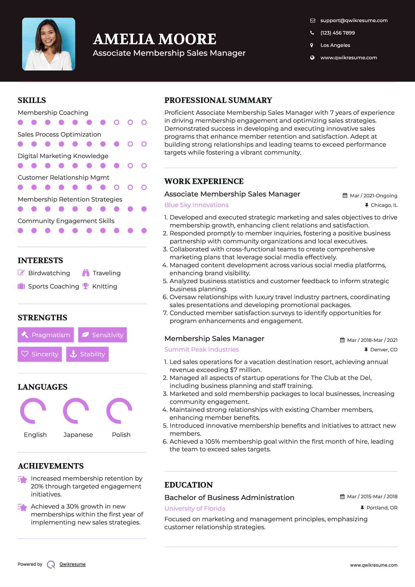 Associate Membership Sales Manager Resume Sample