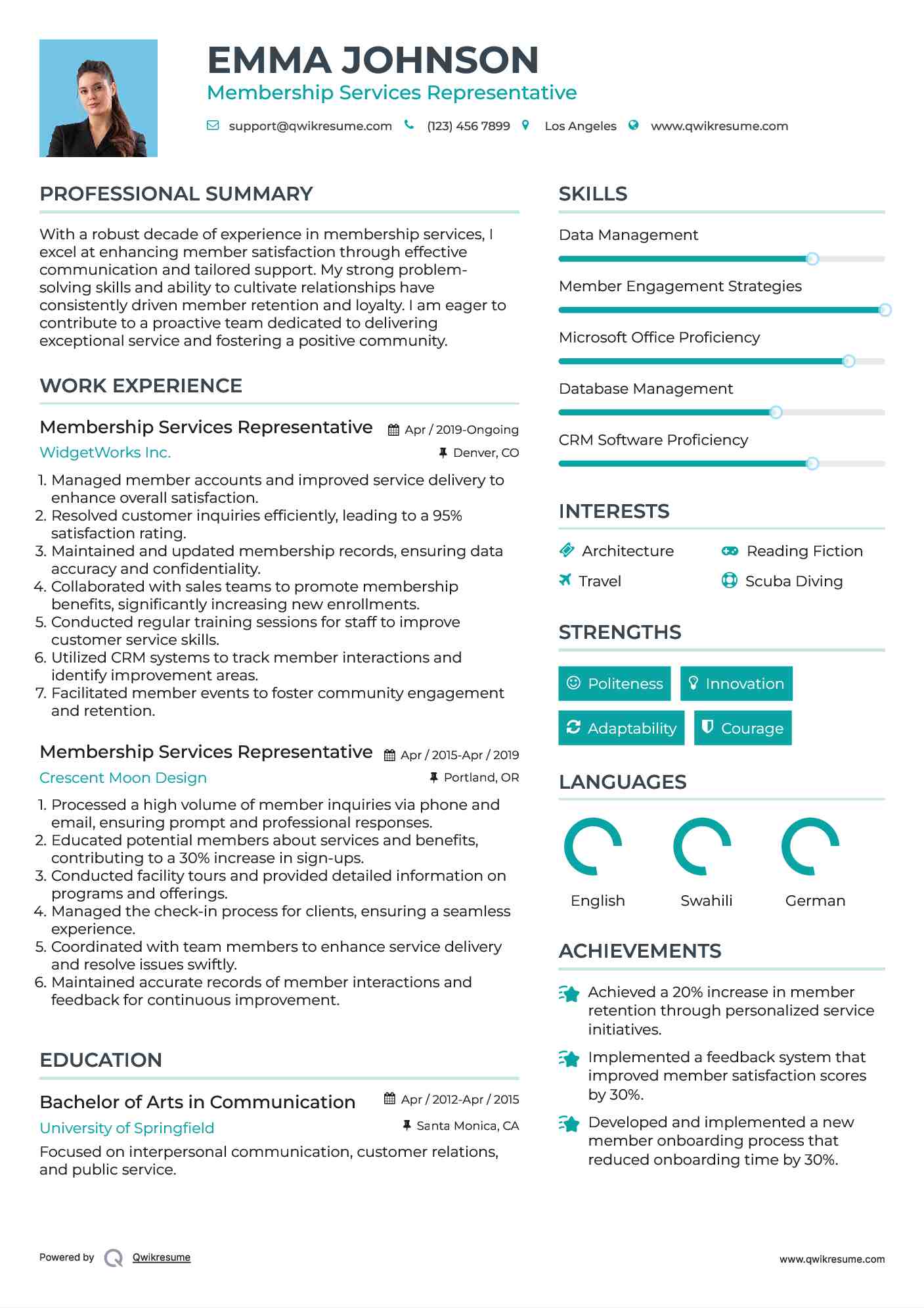 Membership Services Representative Resume Sample