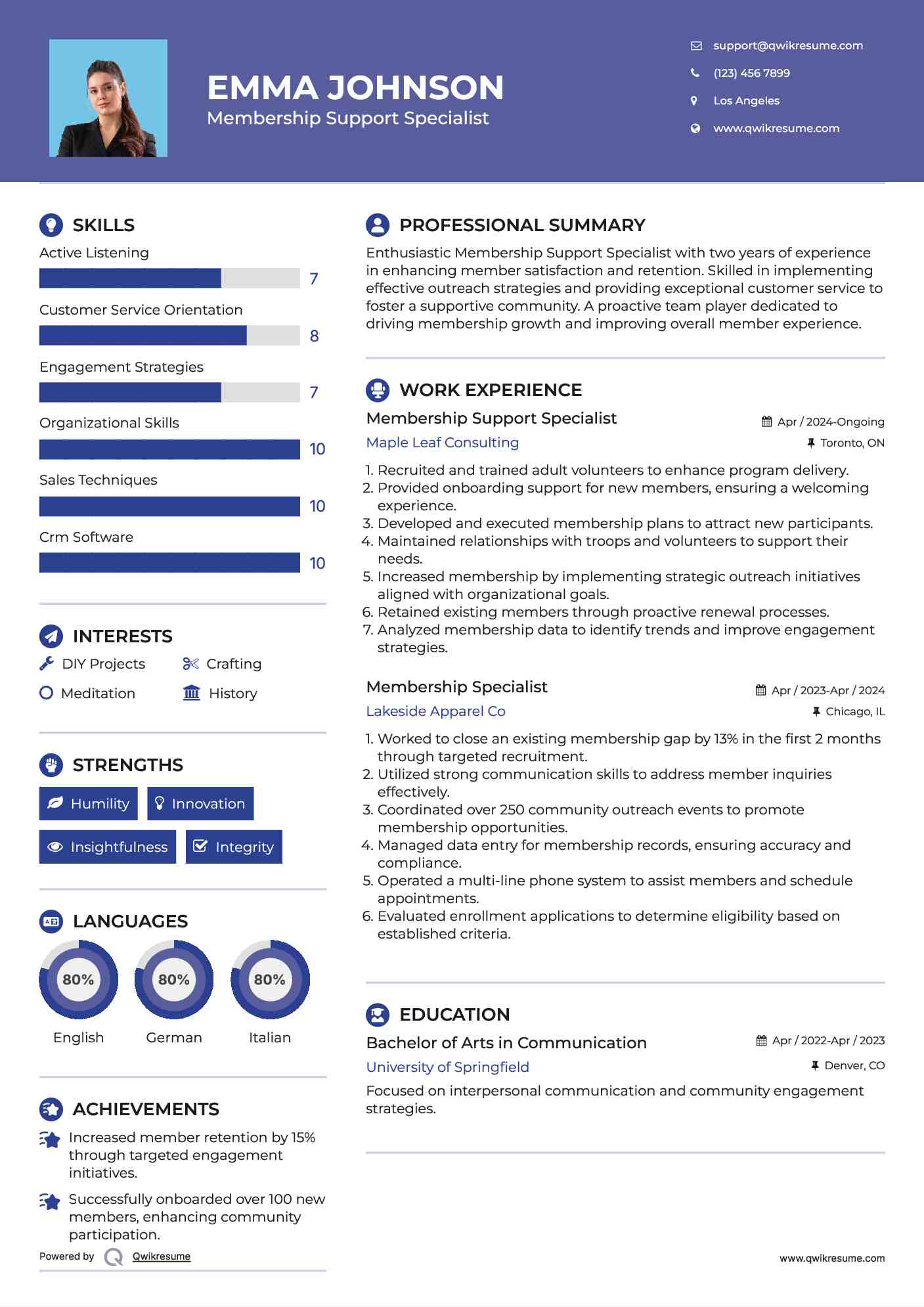 Membership Support Specialist Resume Model