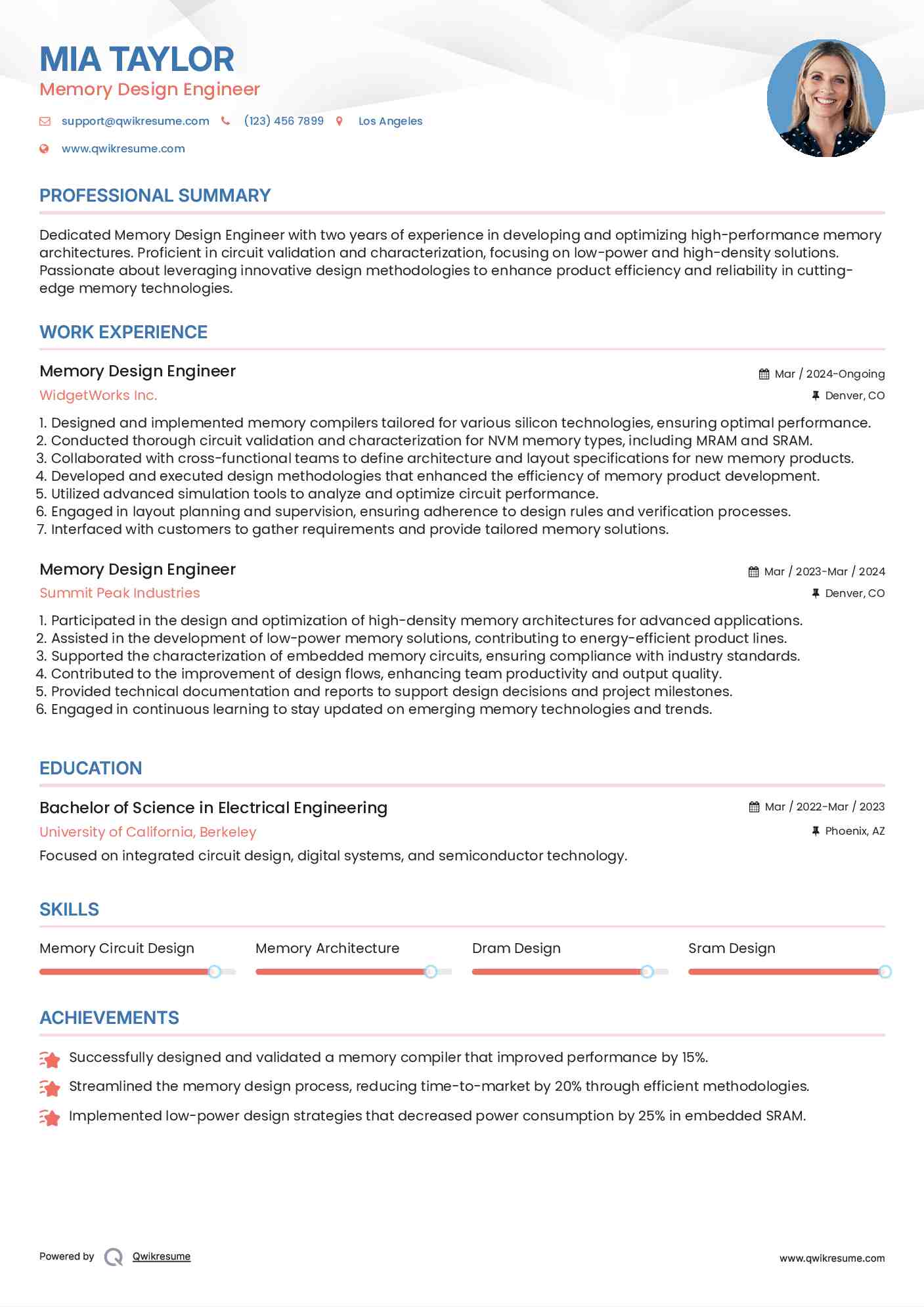 Memory Design Engineer Resume Example