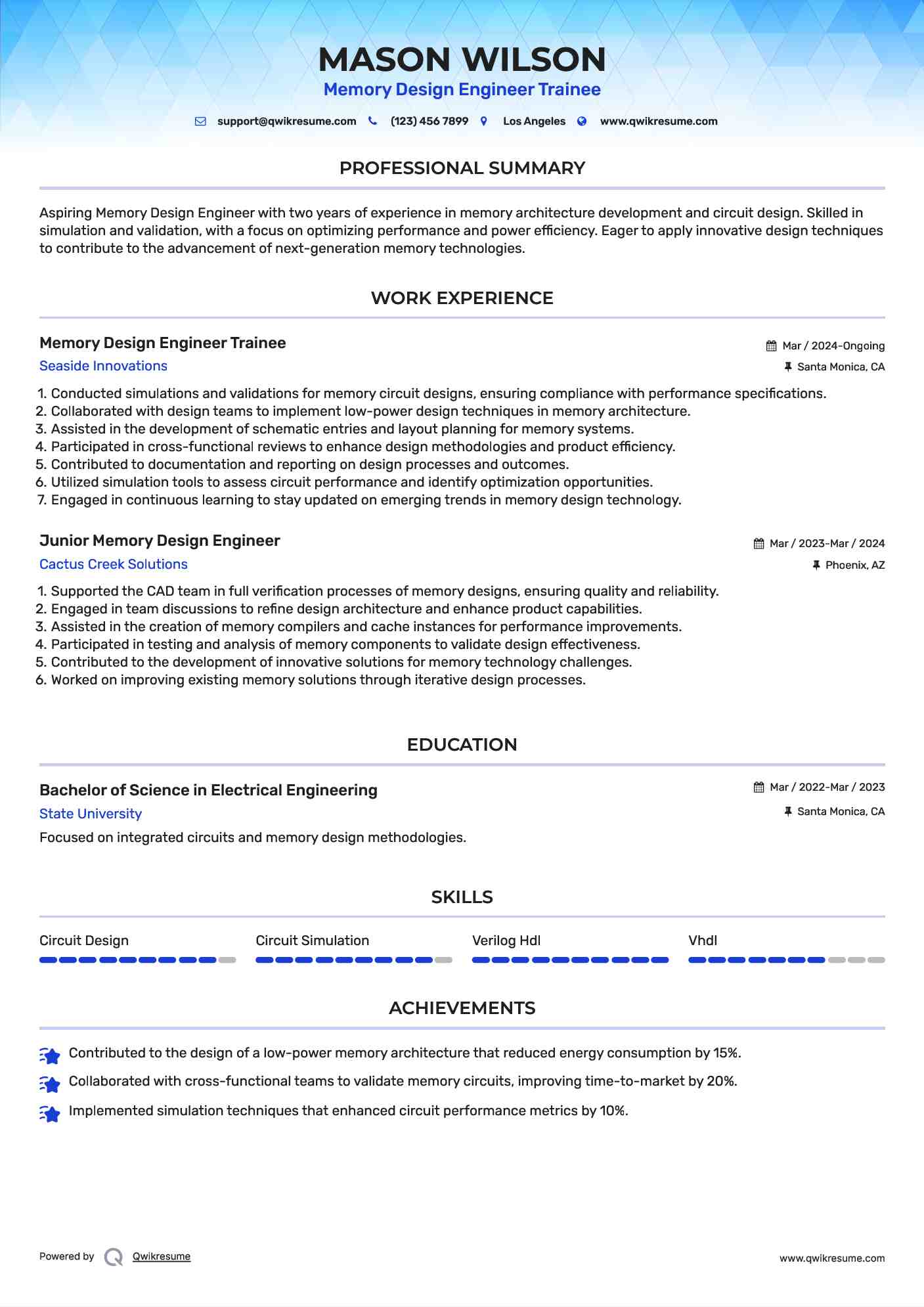 Memory Design Engineer Trainee Resume Example