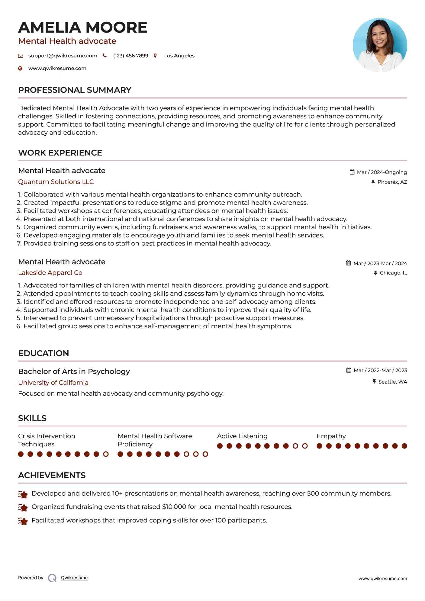 Mental Health advocate Resume Sample