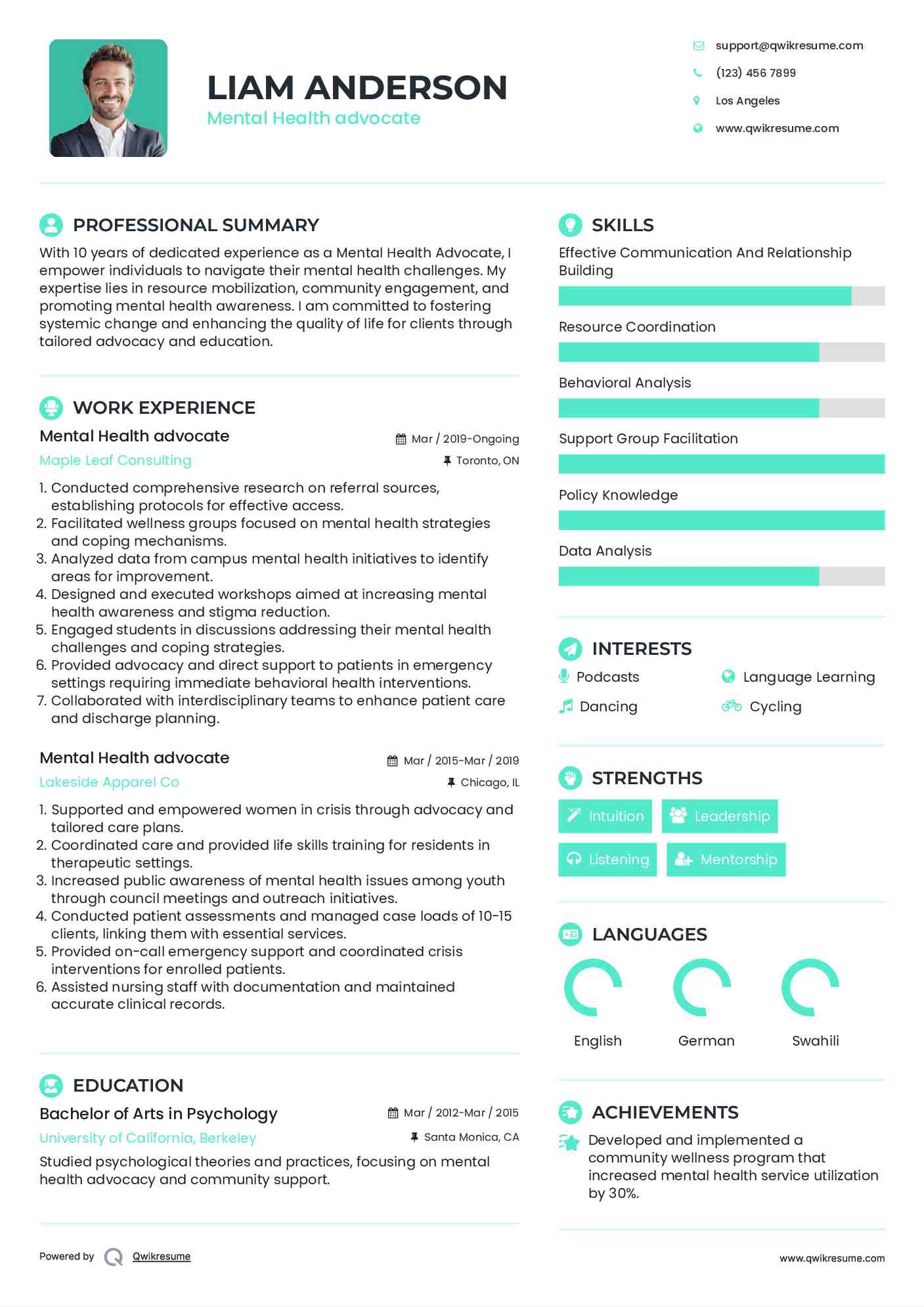 Mental Health advocate Resume Template