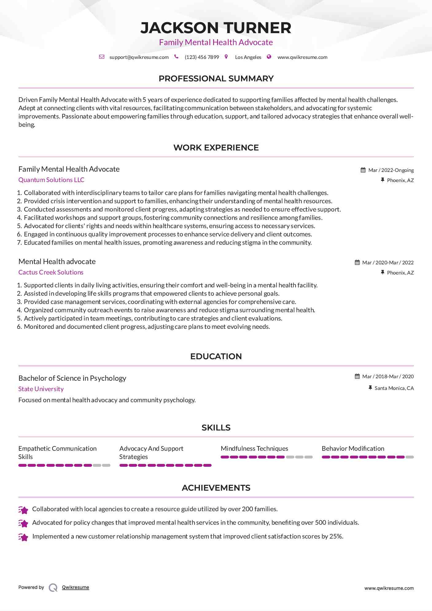 Family Mental Health Advocate
 Resume Example