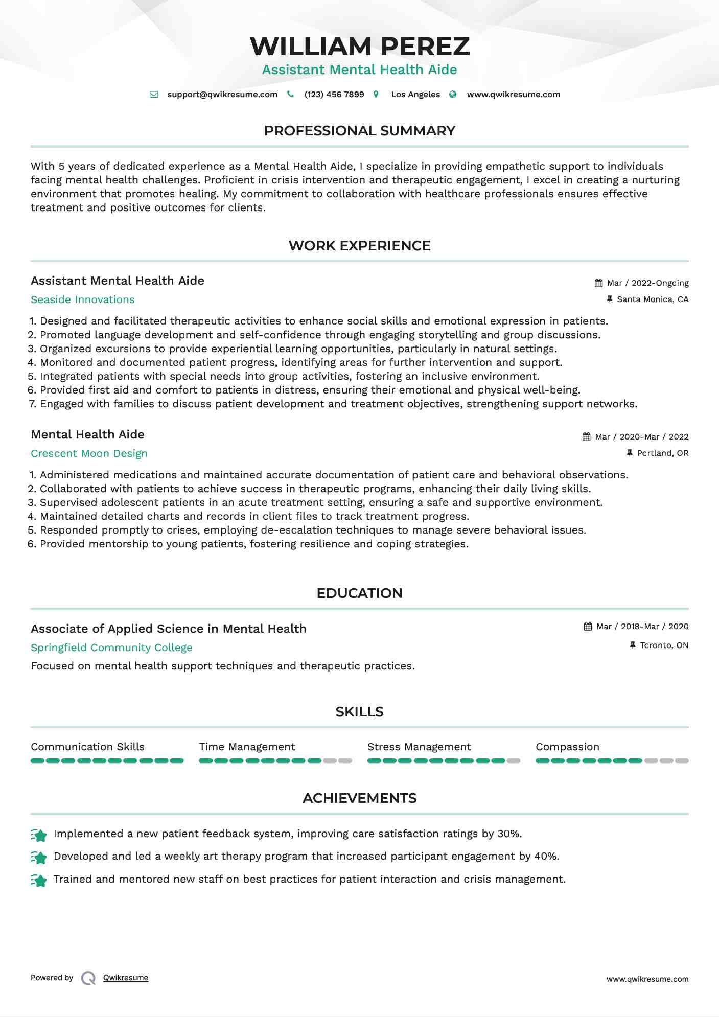 Assistant Mental Health Aide Resume Example