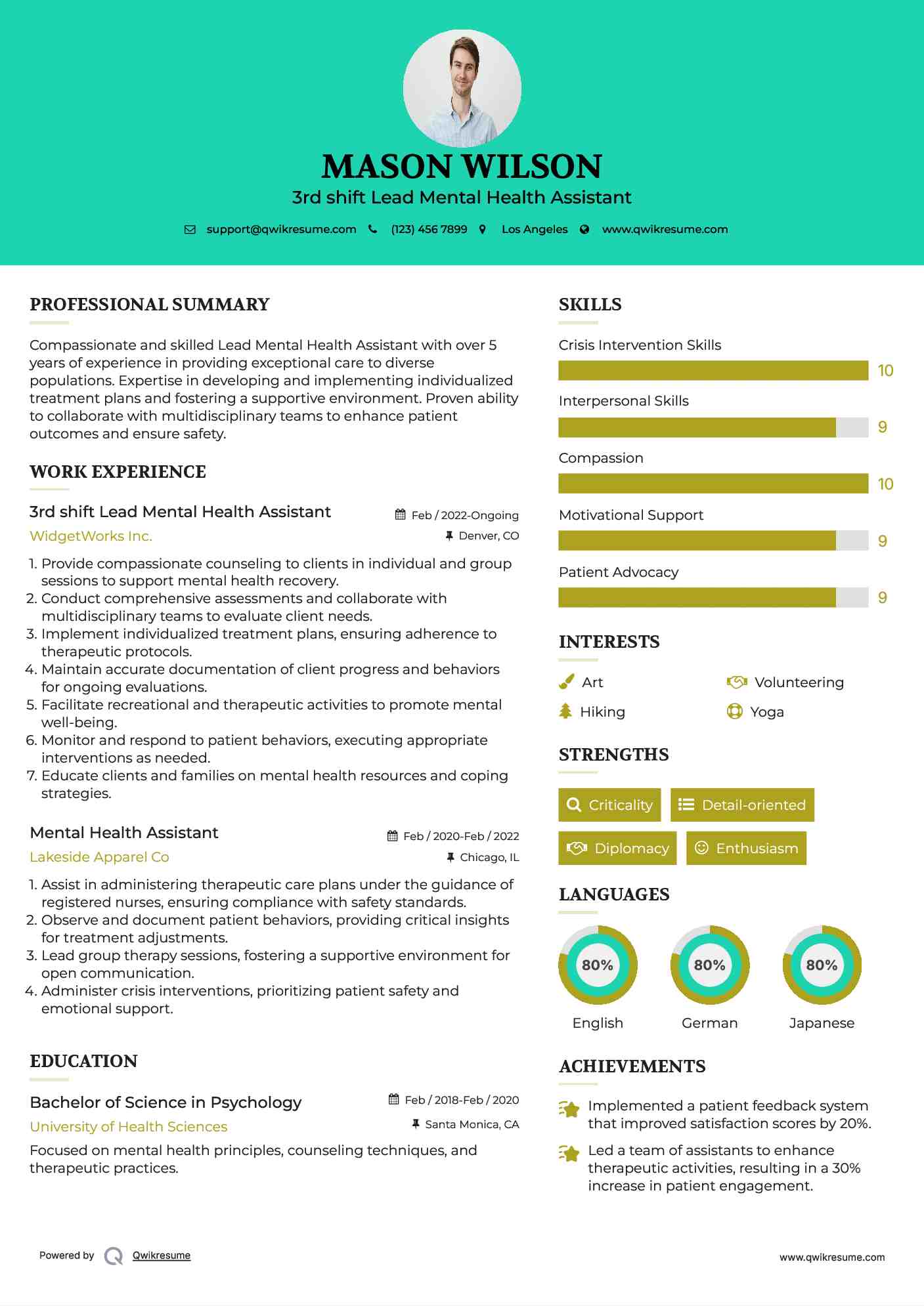 3rd shift Lead Mental Health Assistant Resume Template