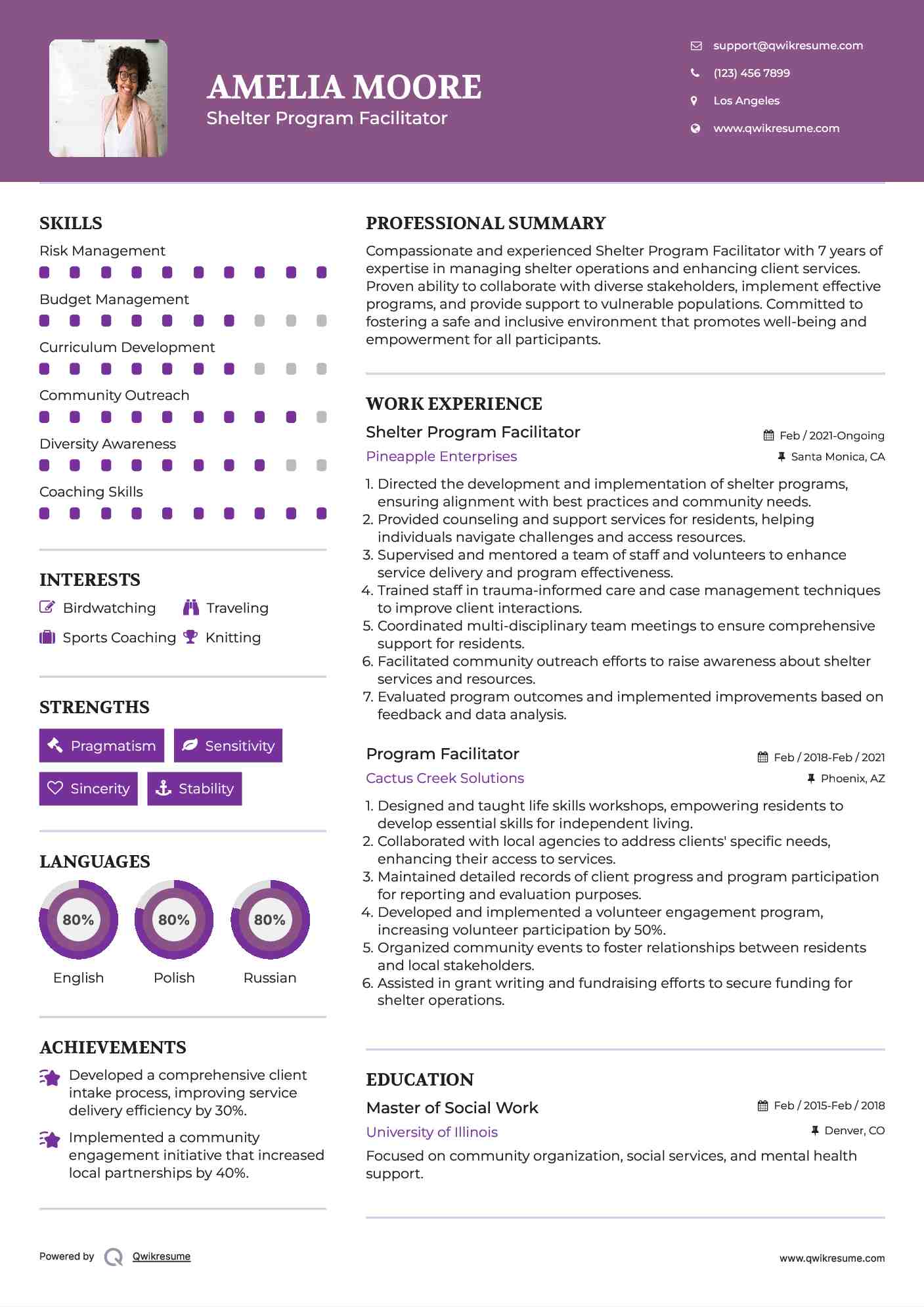 Shelter Program Facilitator Resume Sample