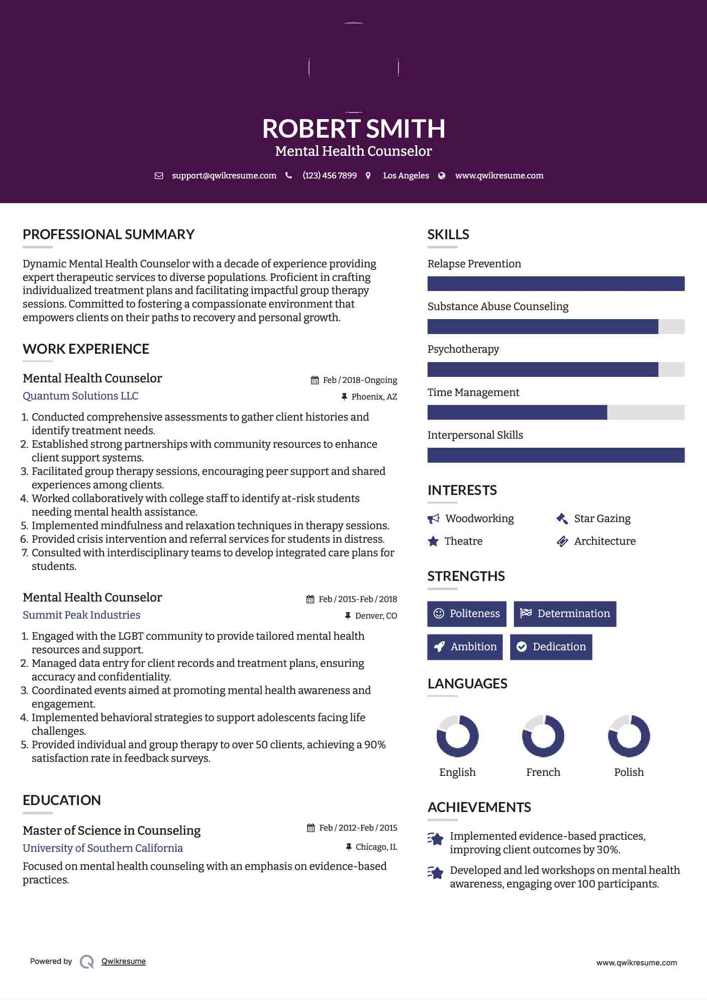 Mental Health Counselor Resume Example