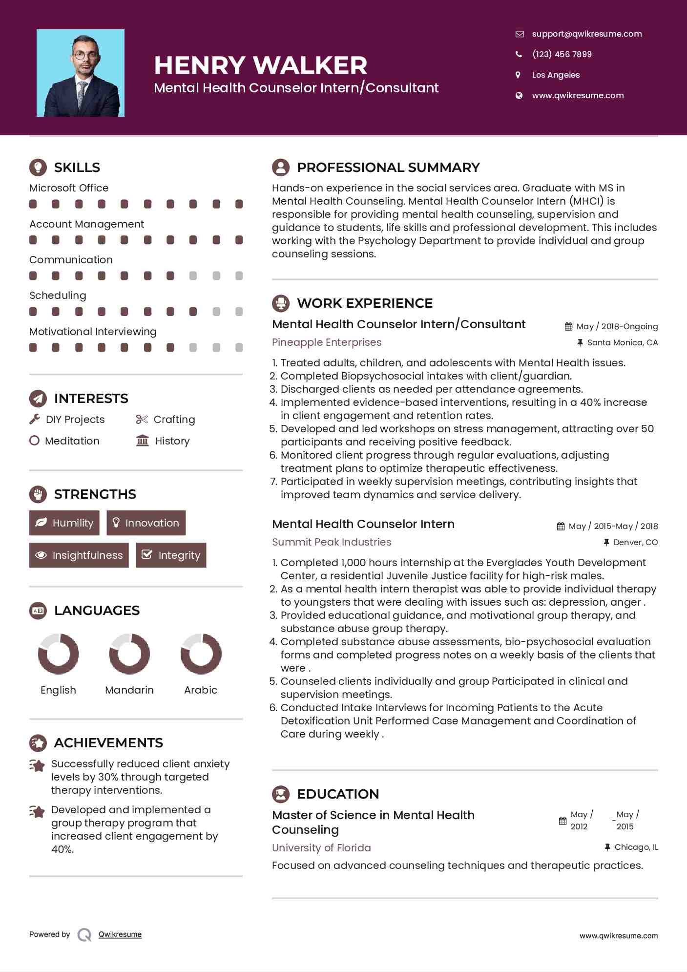 Mental Health Counselor Intern/Consultant Resume Model