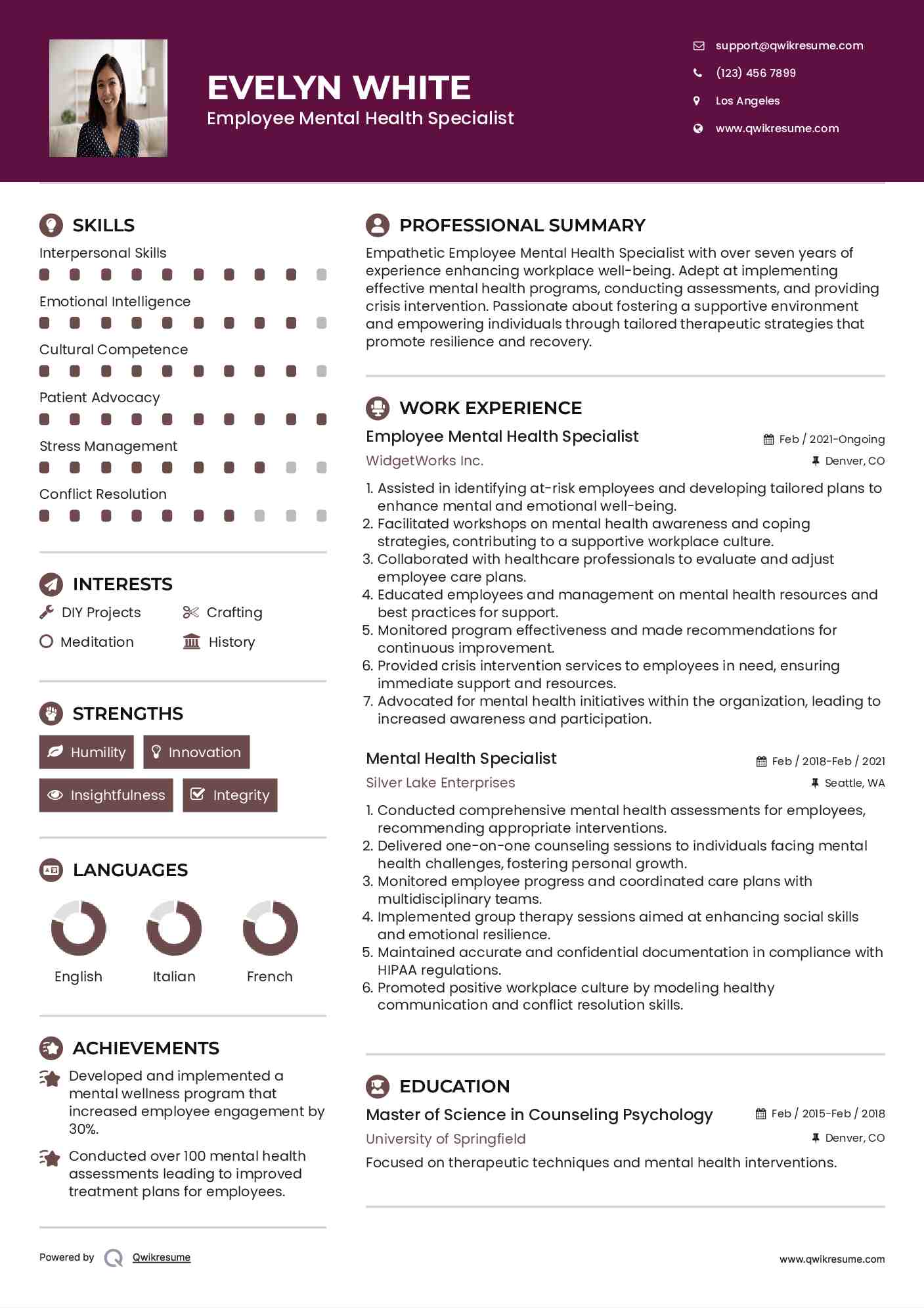 Employee Mental Health Specialist Resume Template