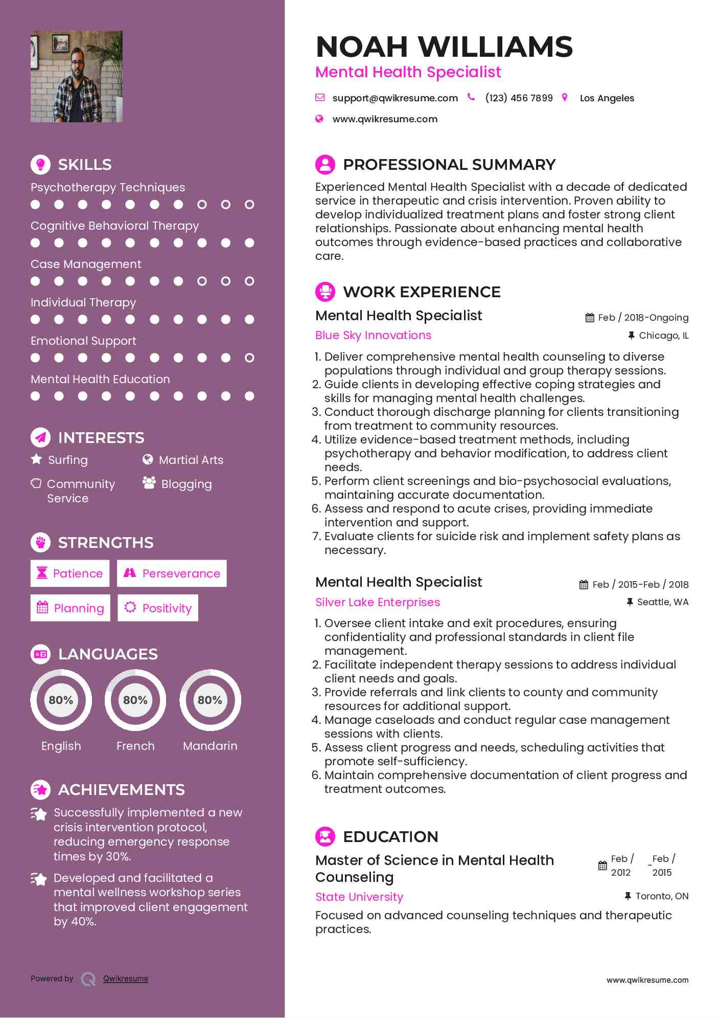 Mental Health Specialist Resume Example