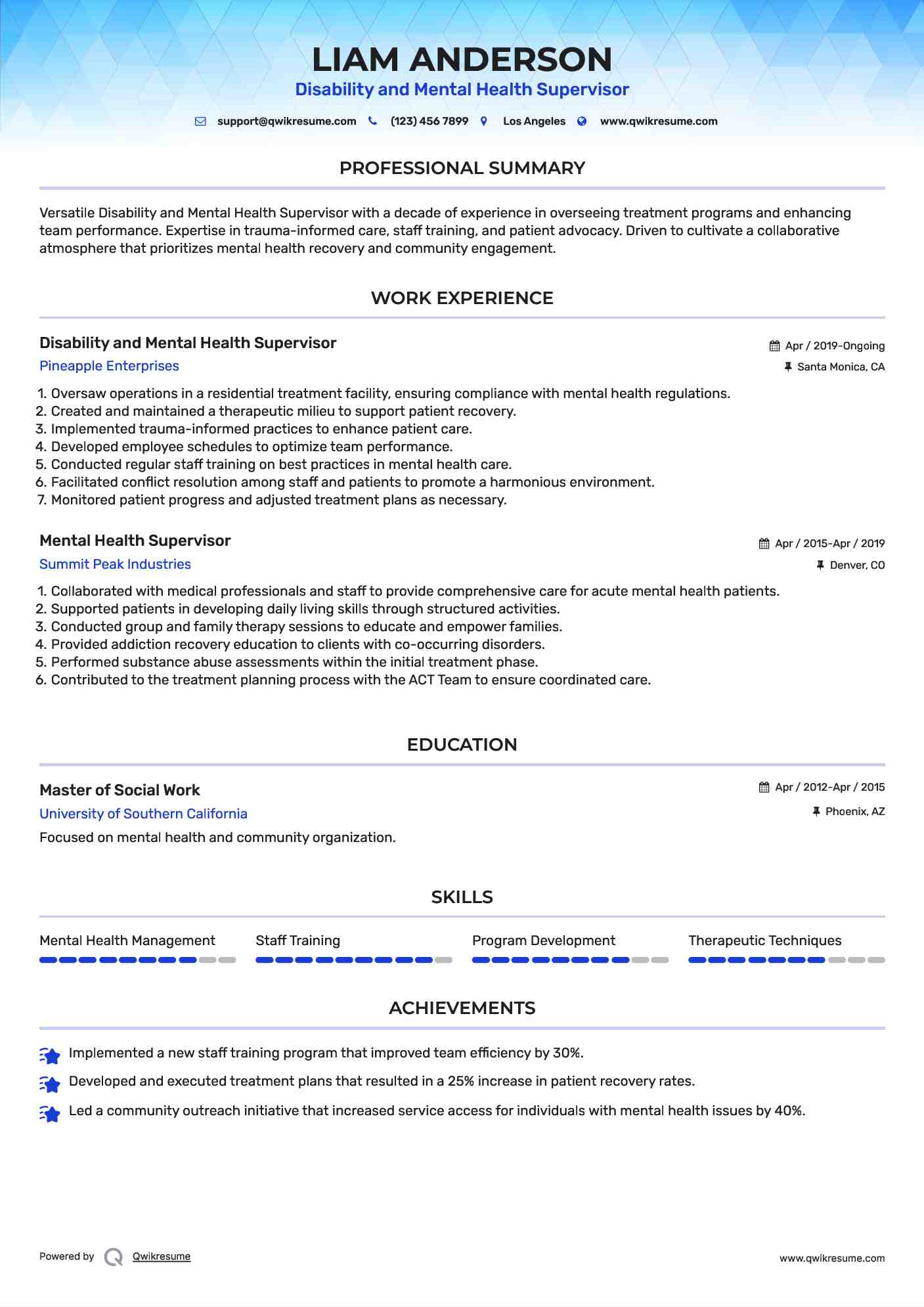 Disability and Mental Health Supervisor Resume Example