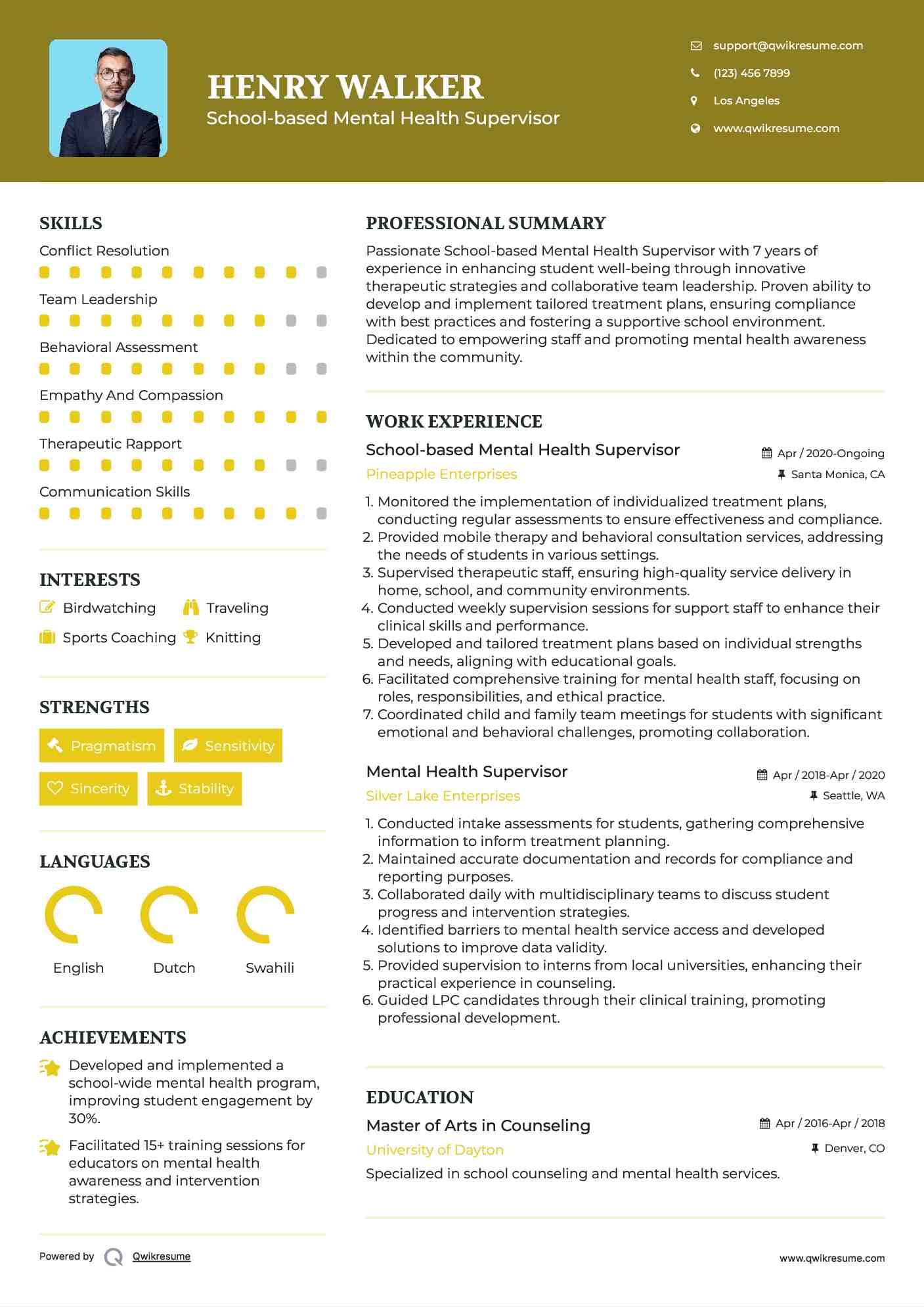 School-based Mental Health Supervisor Resume Example