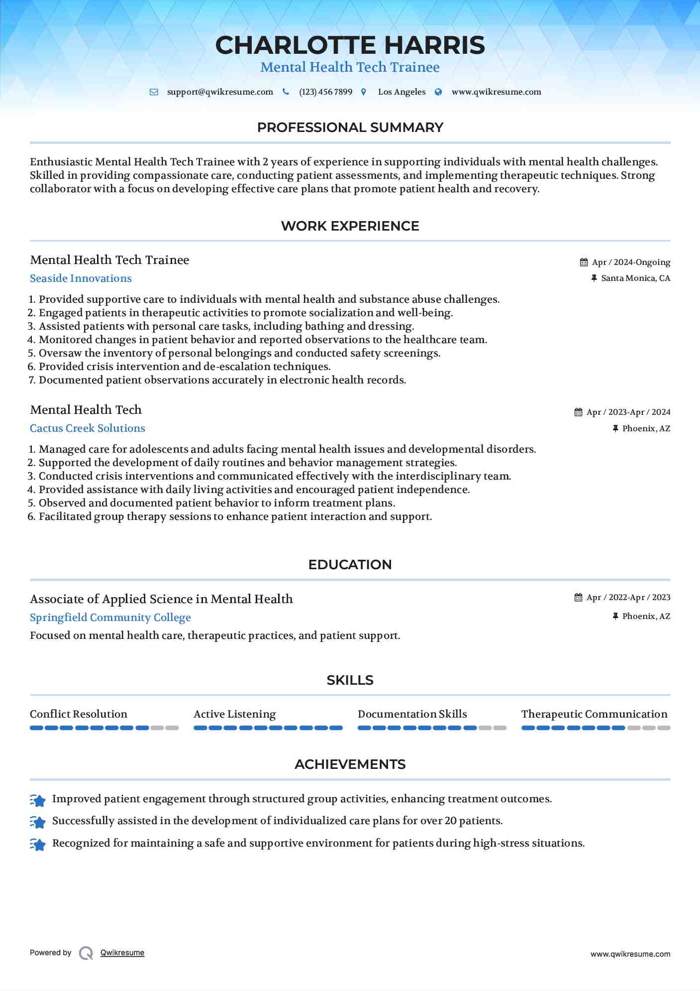 Mental Health Tech Trainee Resume Example