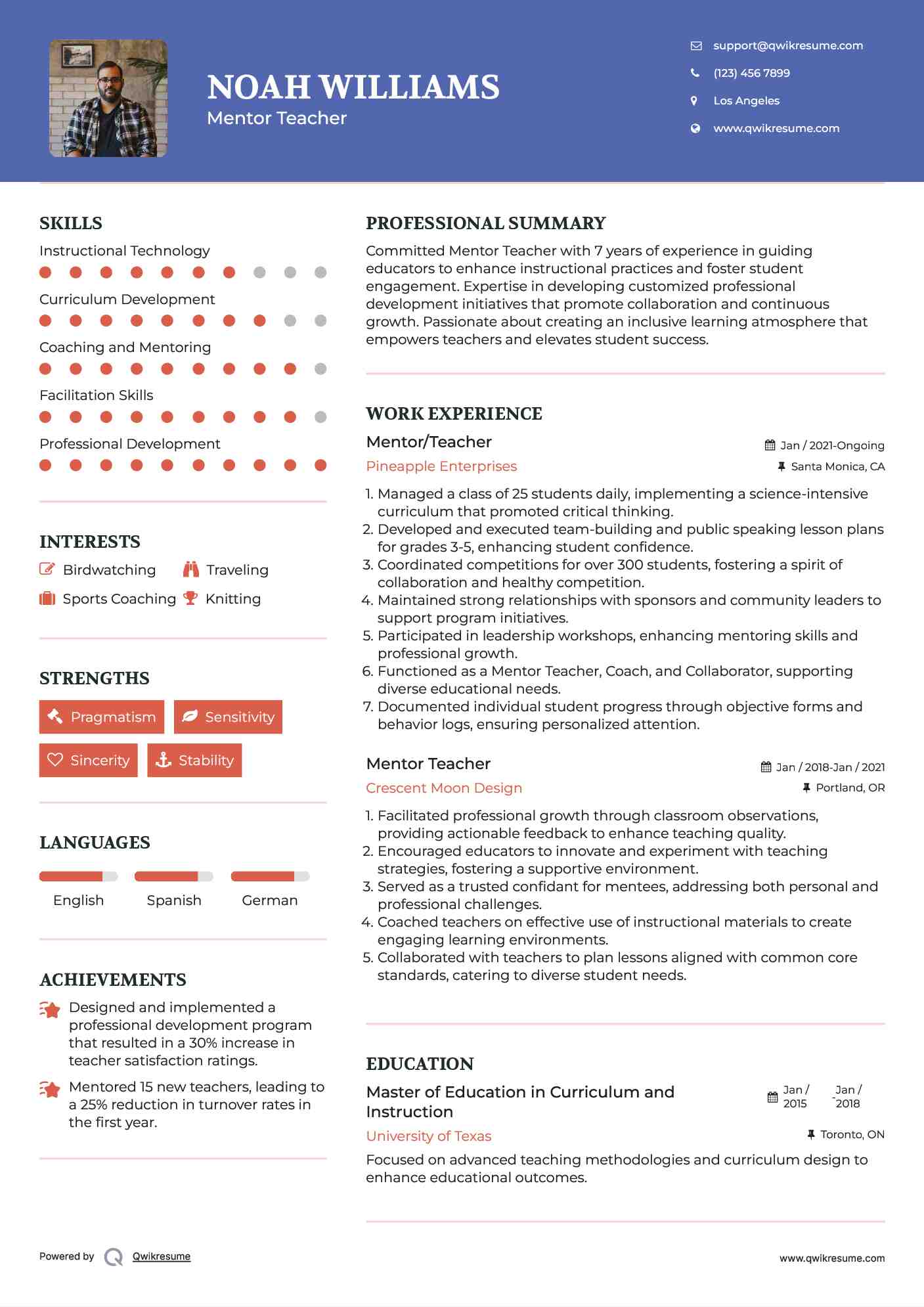 Mentor/Teacher Resume Format