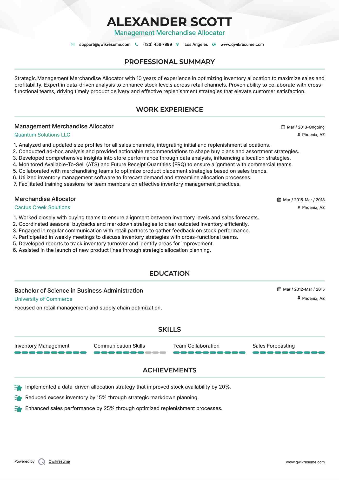 Management Merchandise Allocator Resume Sample