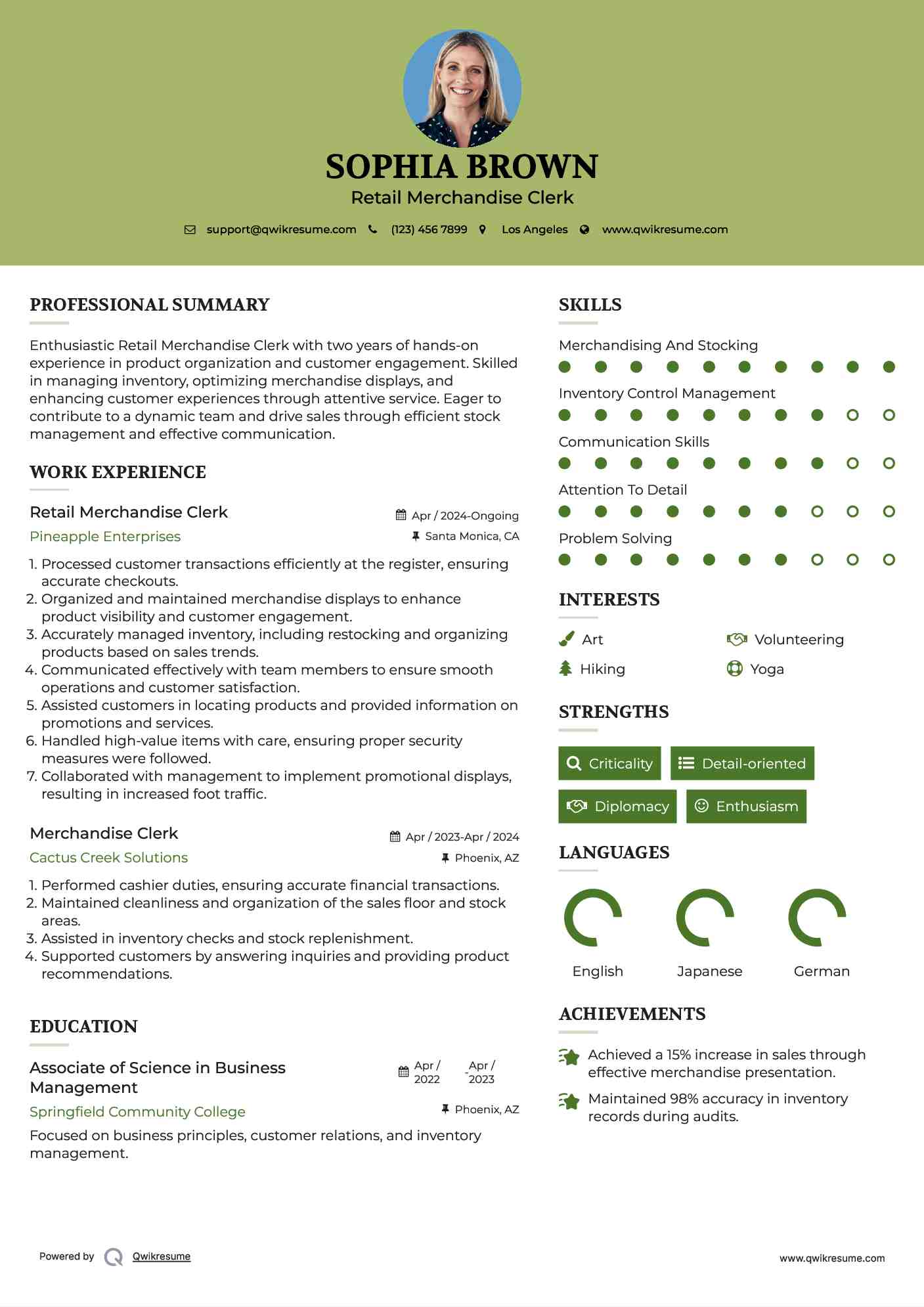 Retail Merchandise Clerk Resume Example