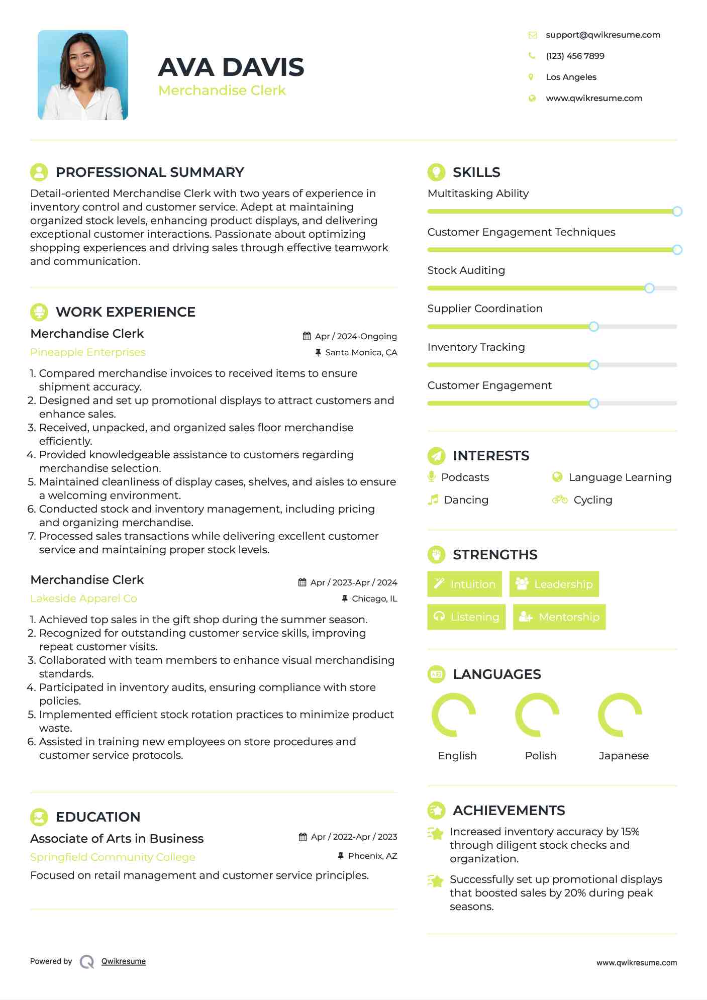 Merchandise Clerk Resume Sample