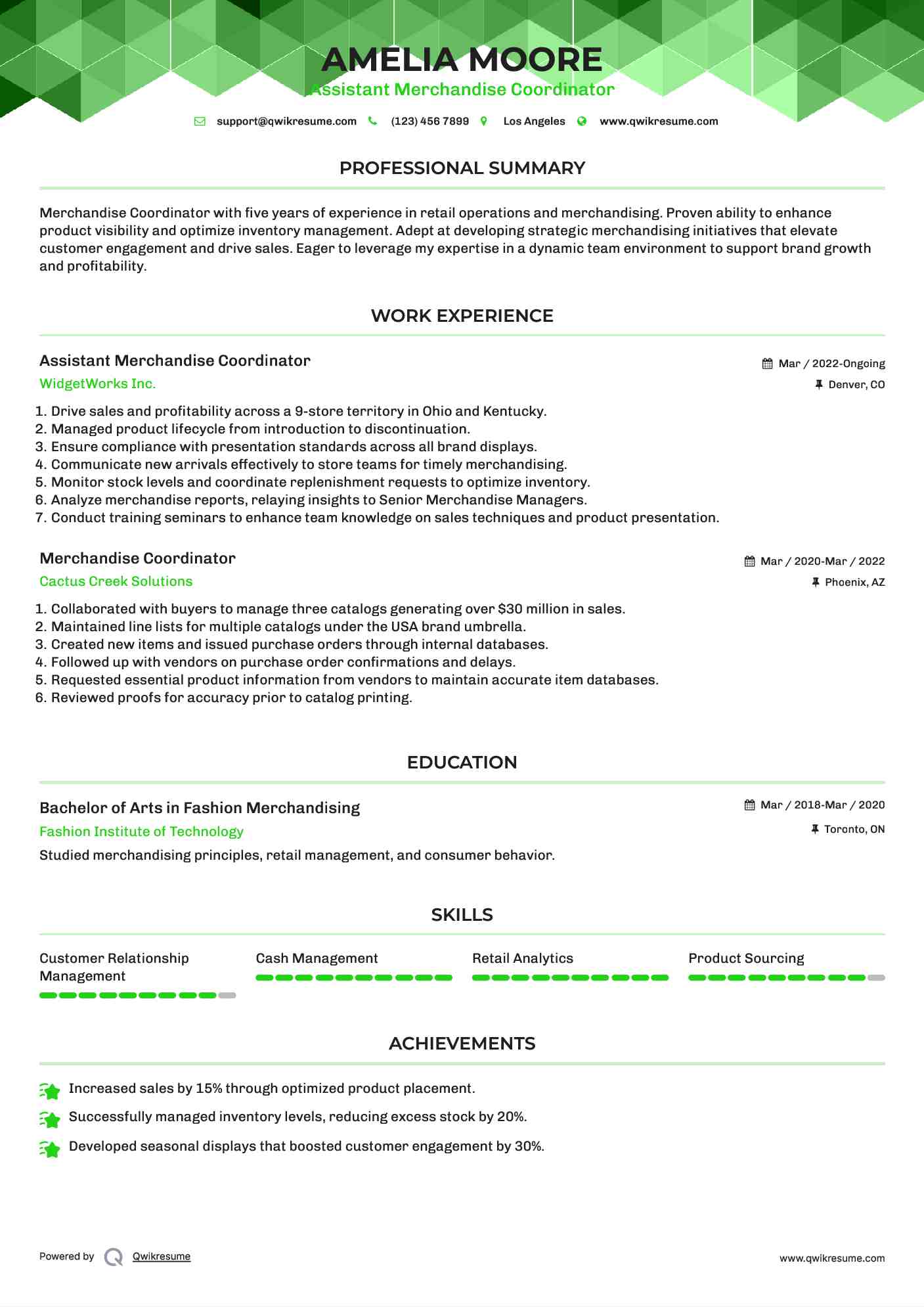 Assistant Merchandise Coordinator Resume Example
