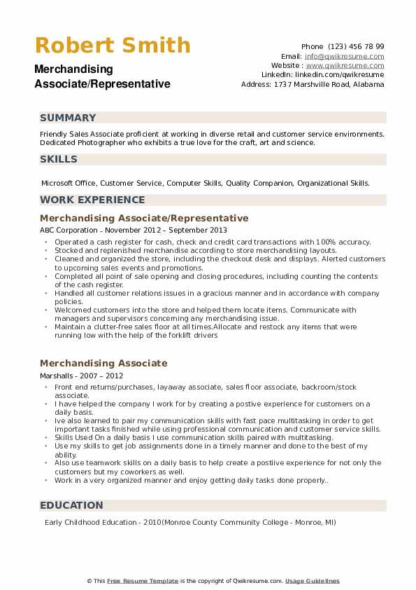 Merchandising Associate Resume Samples QwikResume