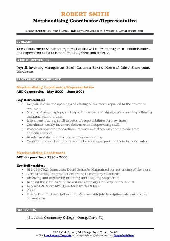 Merchandising Coordinator Resume Samples QwikResume