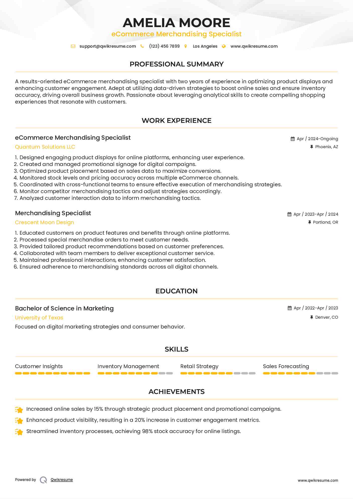 eCommerce Merchandising Specialist  Resume Format
