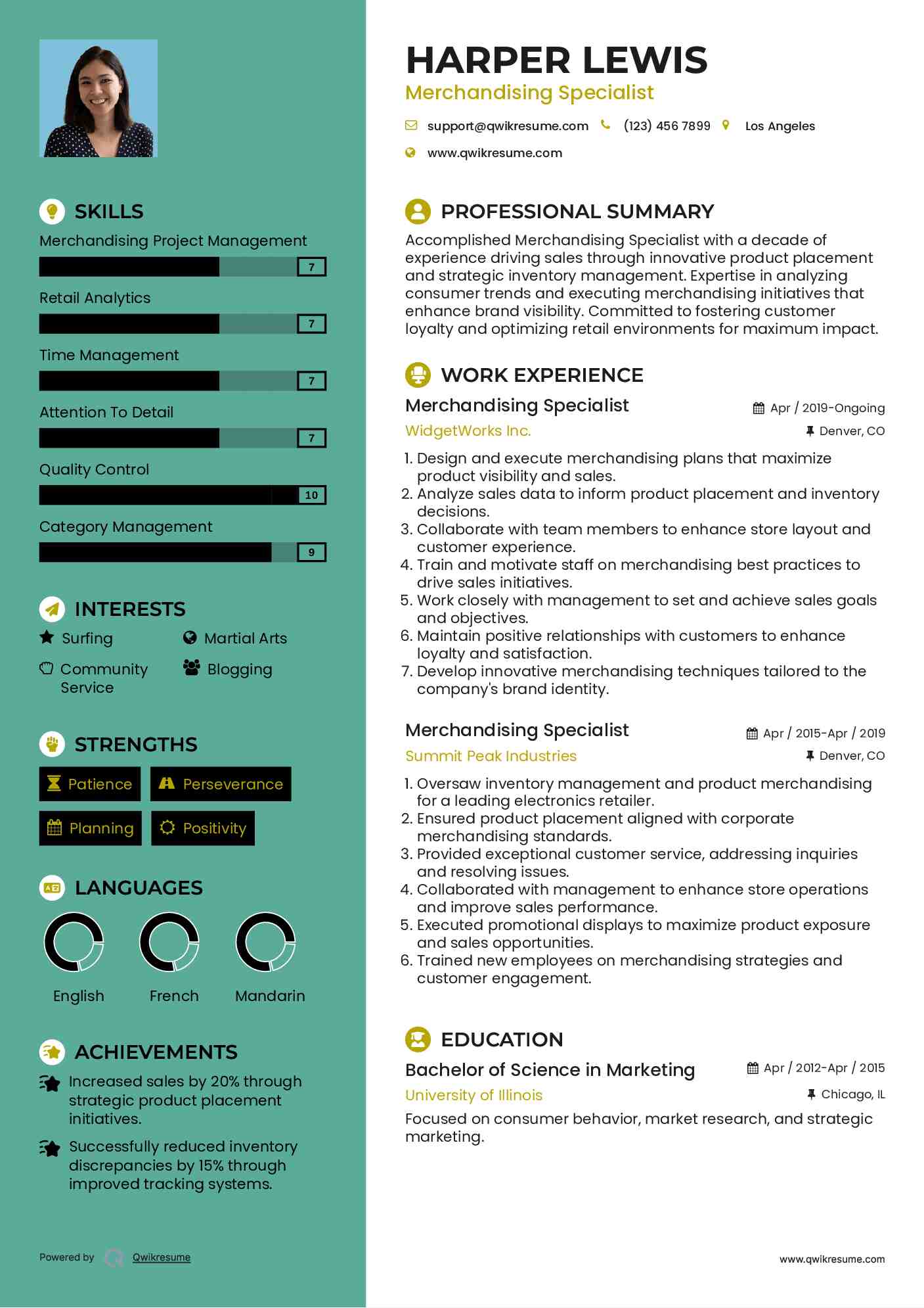 Merchandising Specialist Resume Sample