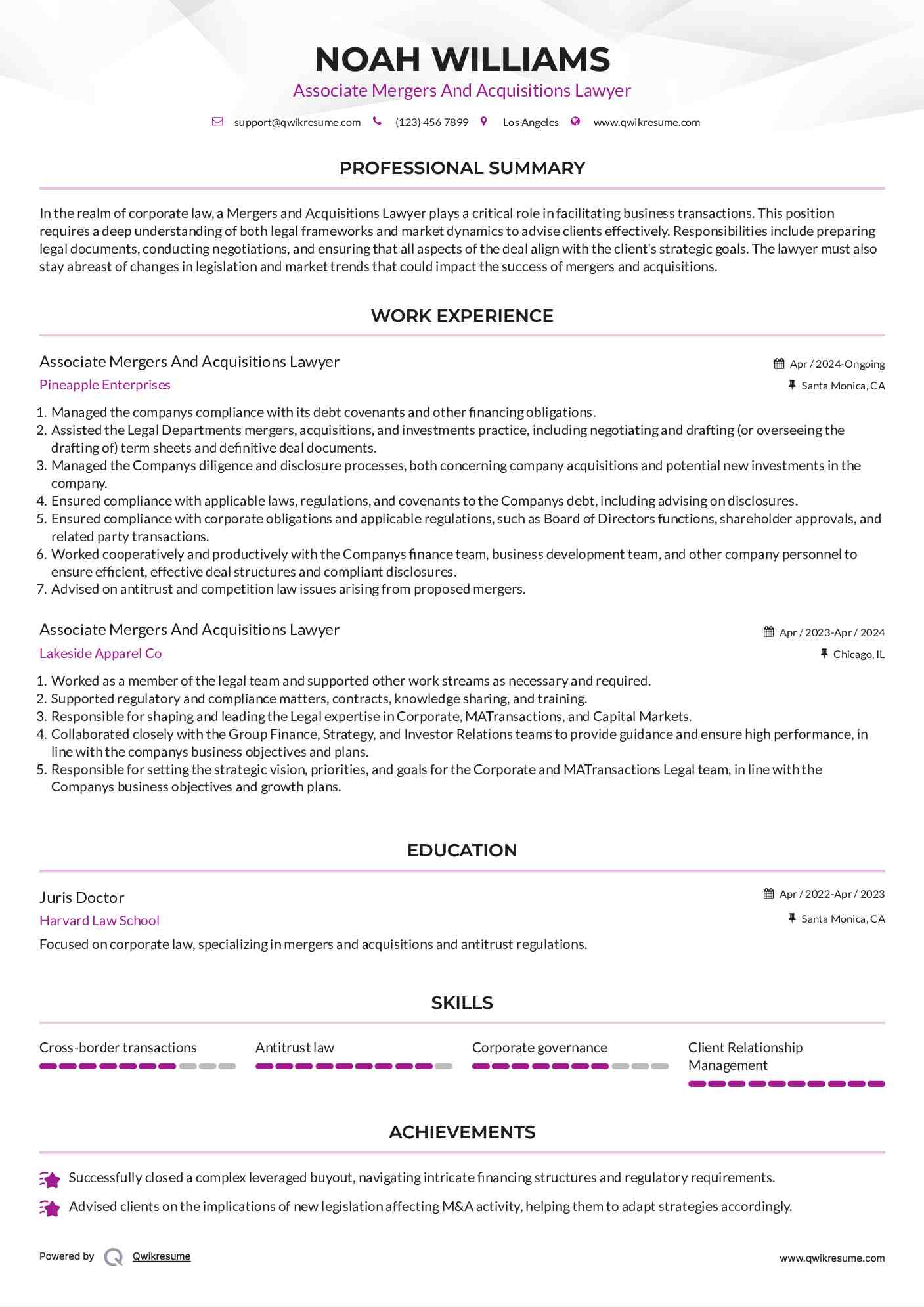 Associate Mergers And Acquisitions Lawyer Resume Format