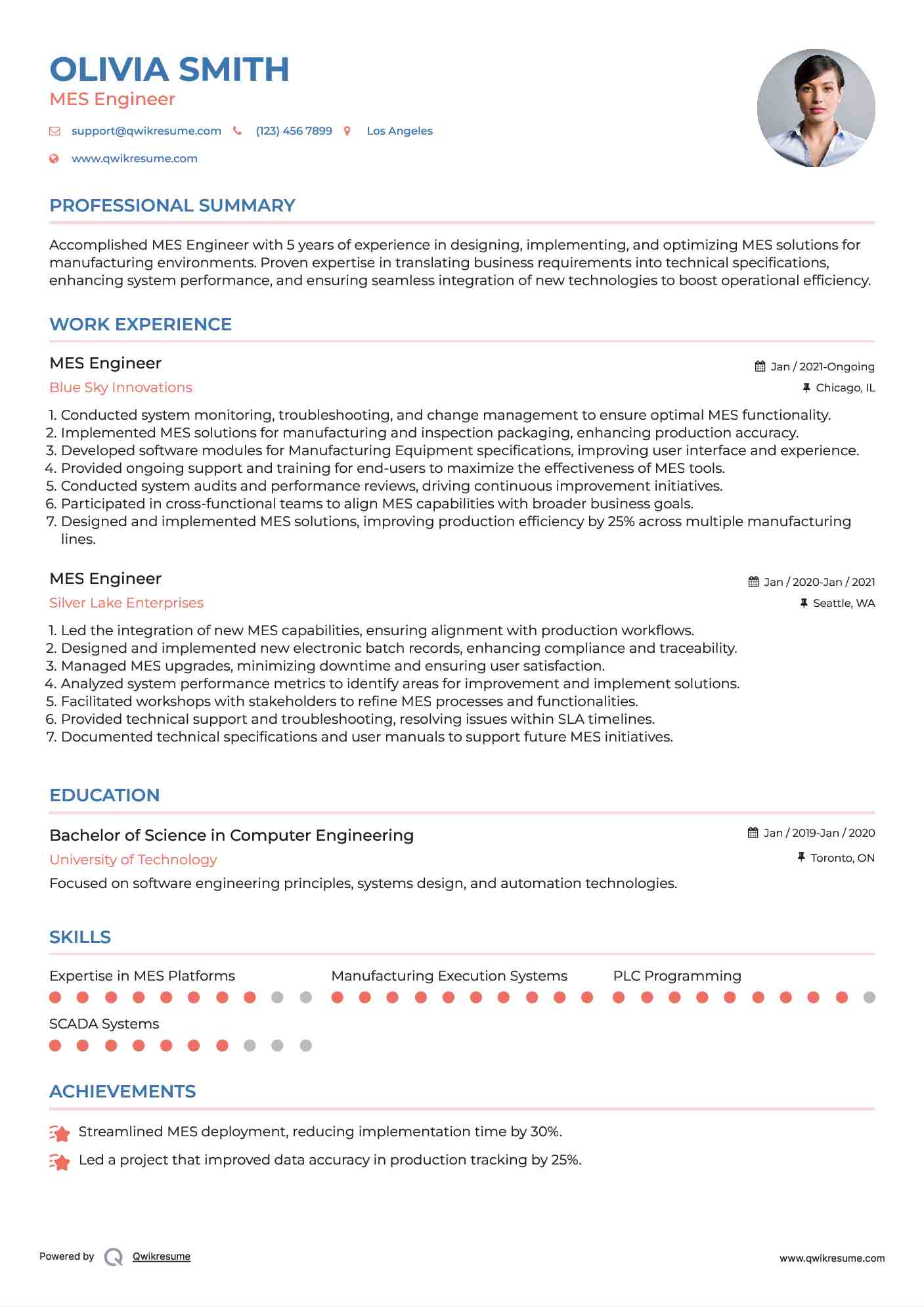 MES Engineer Resume Template