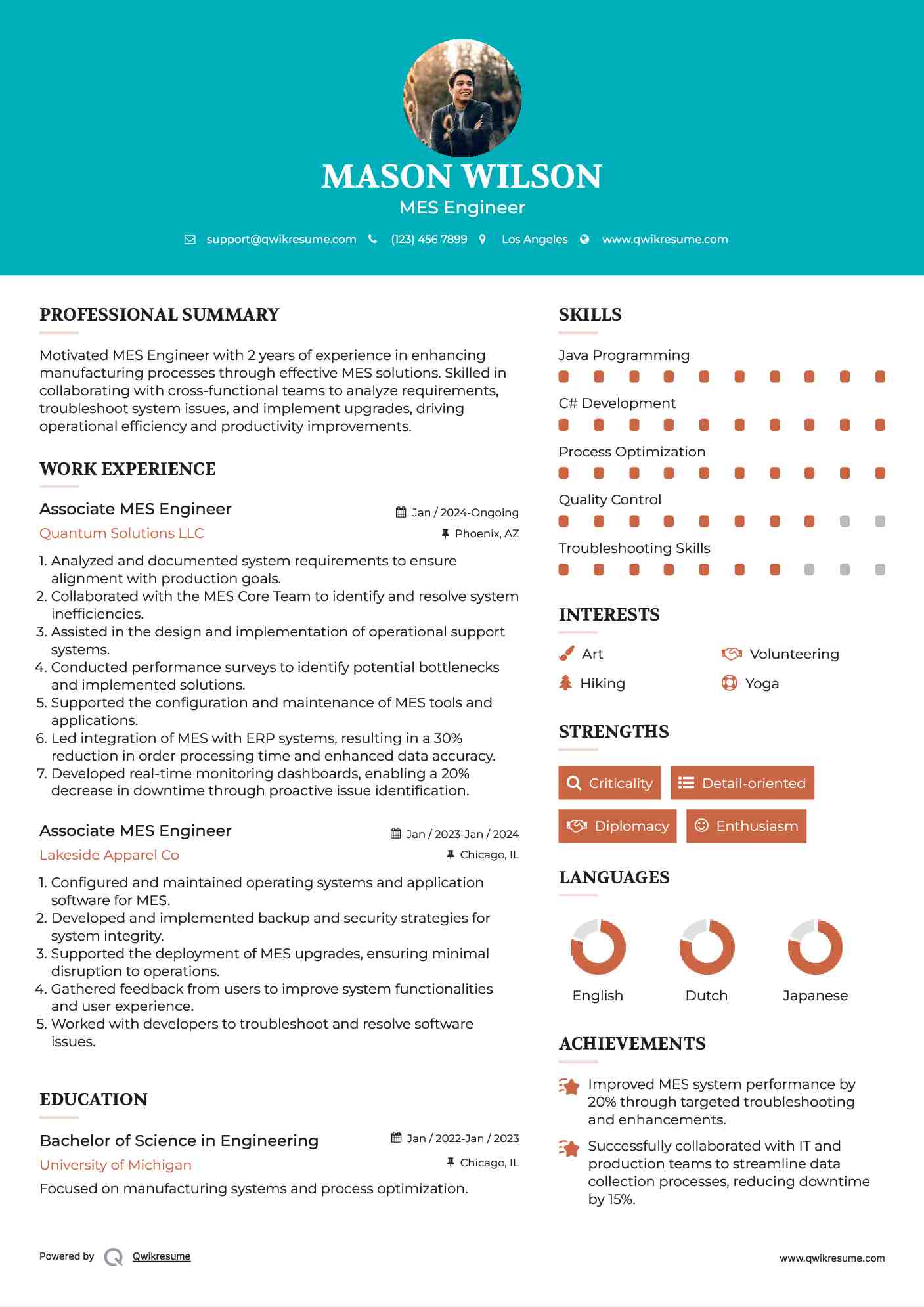 Associate MES Engineer Resume Template