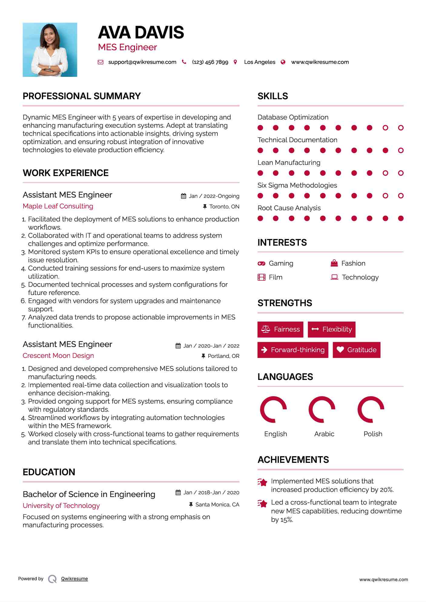 Assistant MES Engineer Resume Example