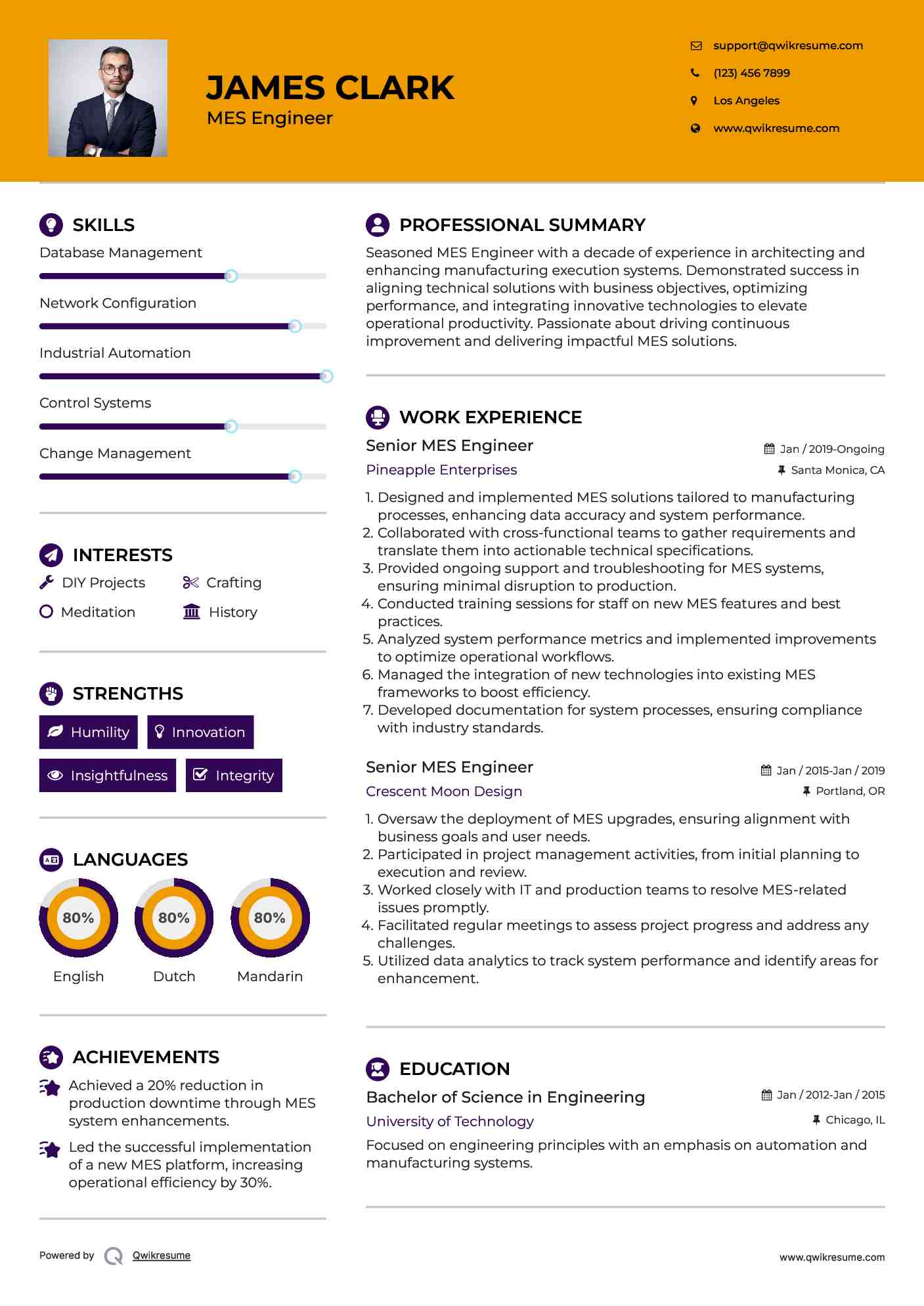 Senior MES Engineer Resume Example