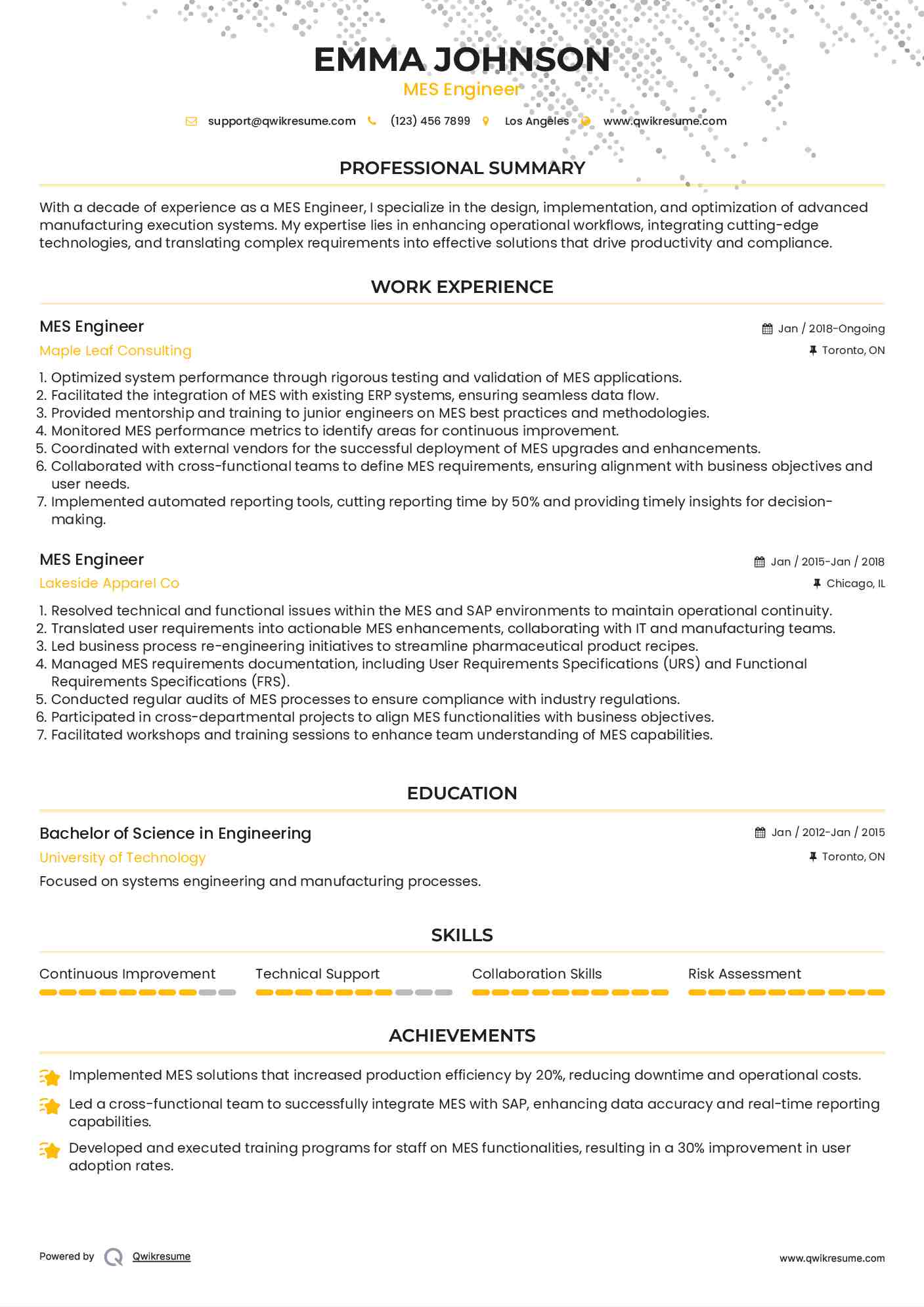 MES Engineer Resume Model