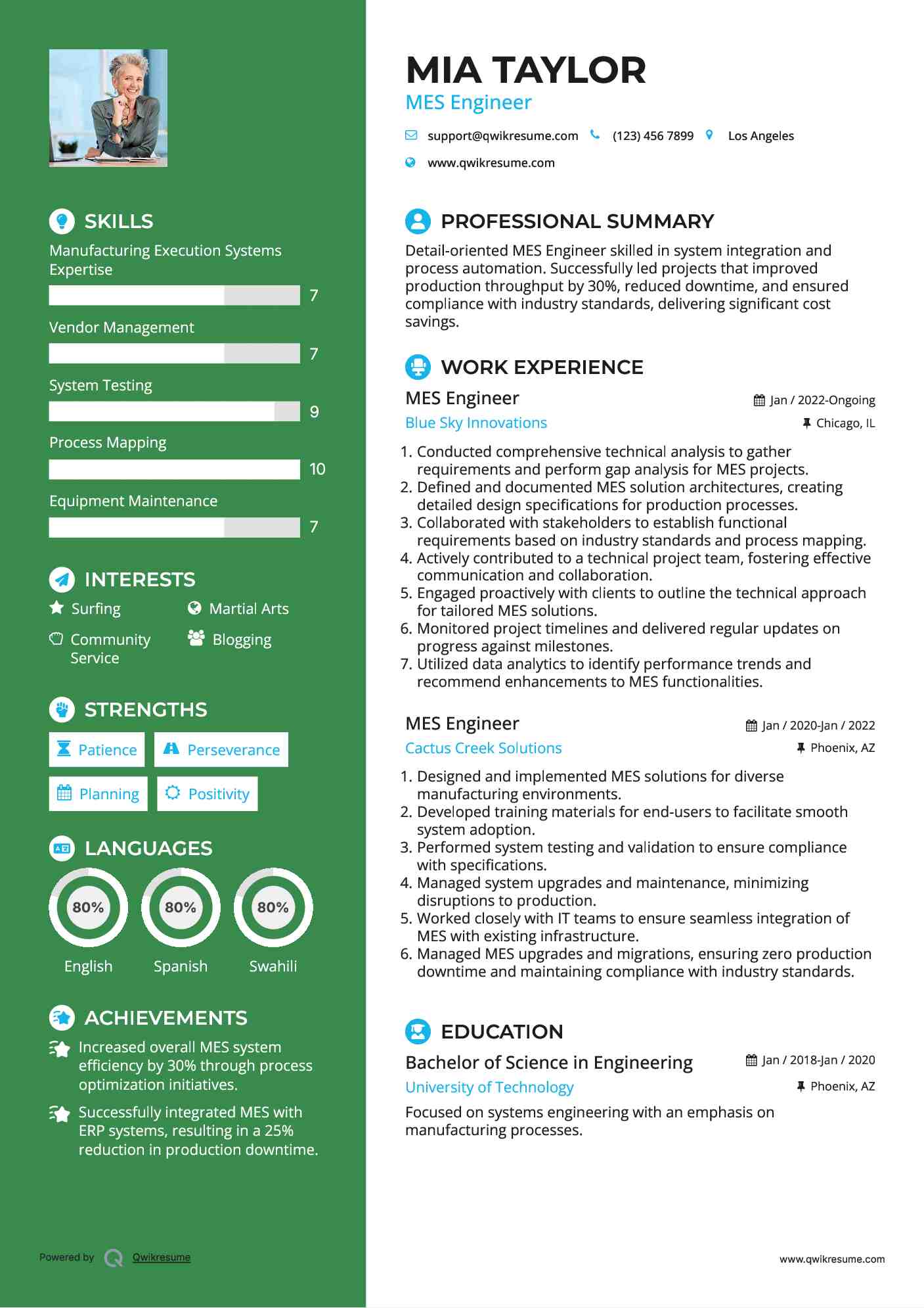 MES Engineer Resume Format