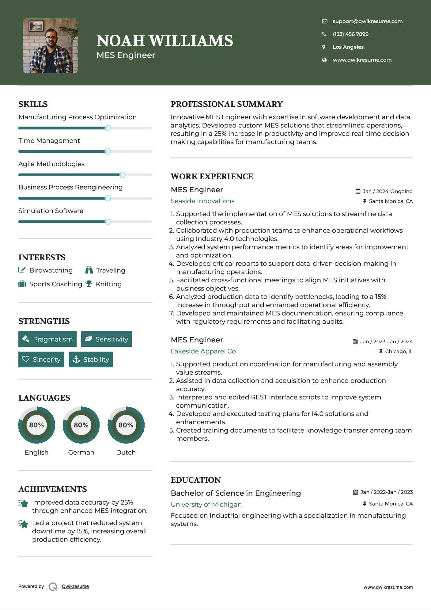 MES Engineer Resume Example