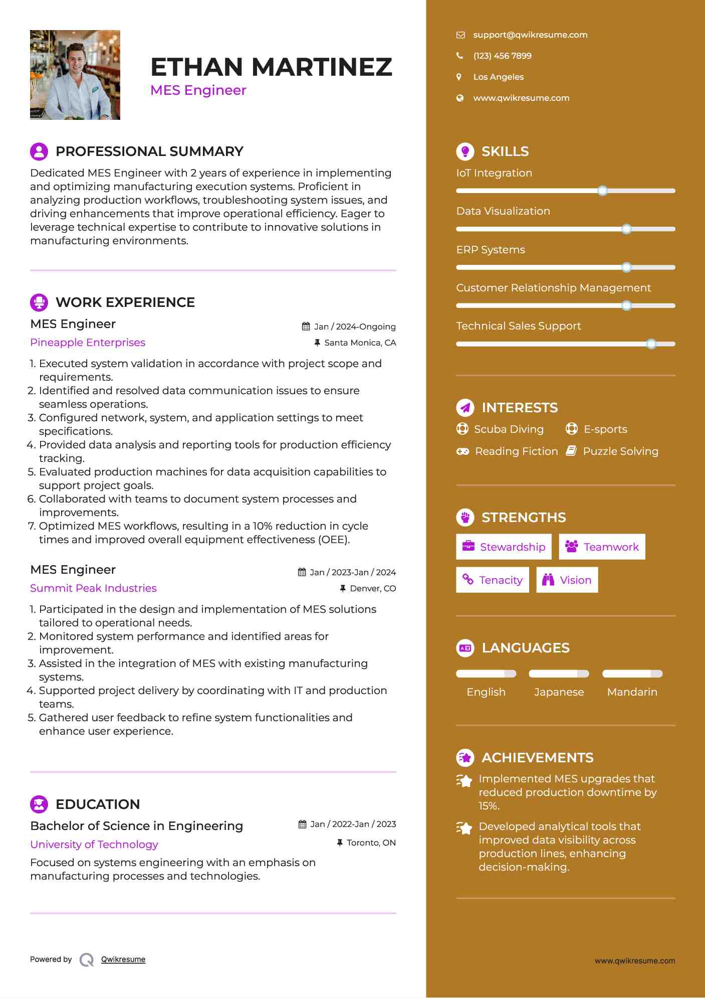 MES Engineer Resume Model