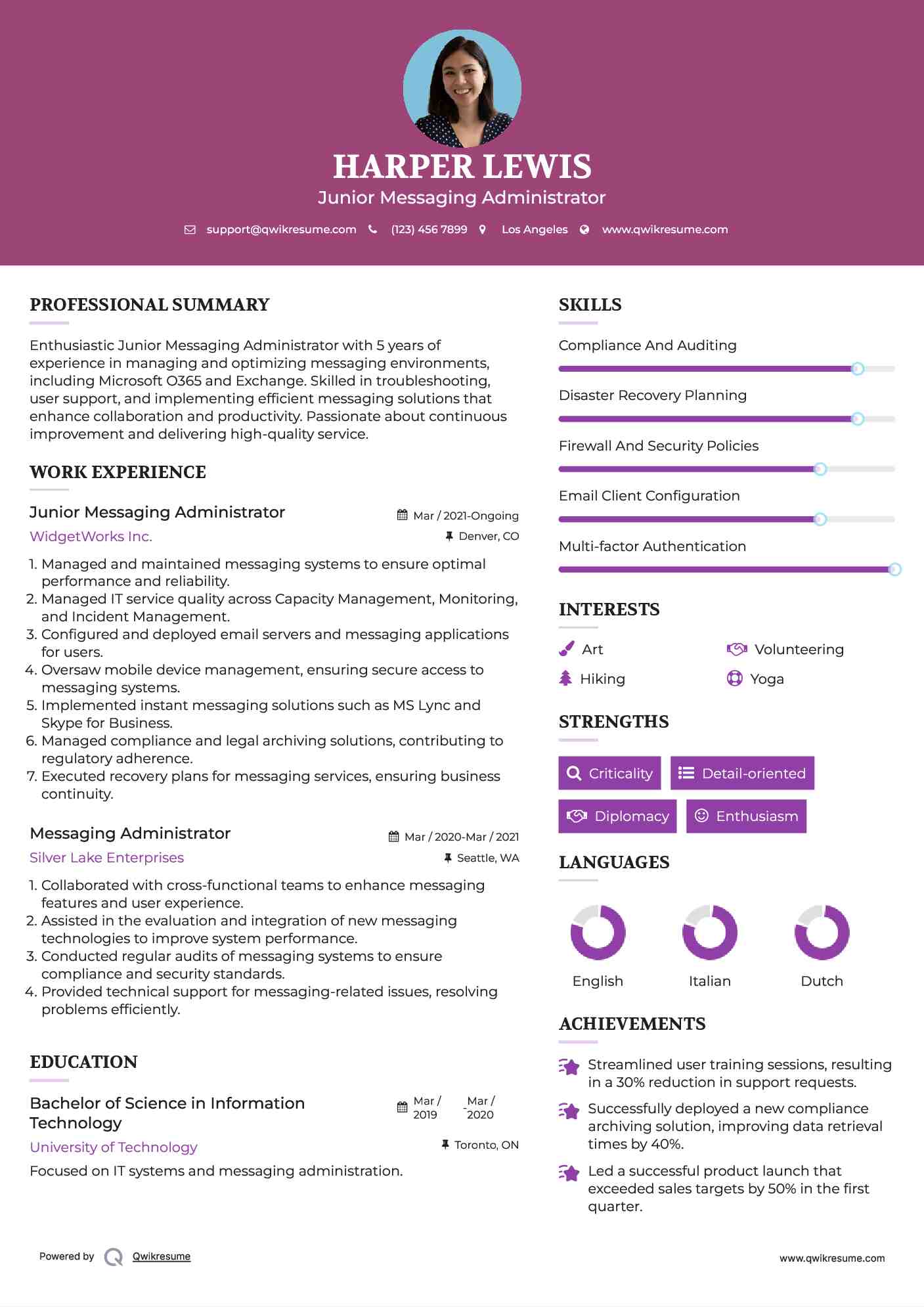 Junior Messaging Administrator Resume Example