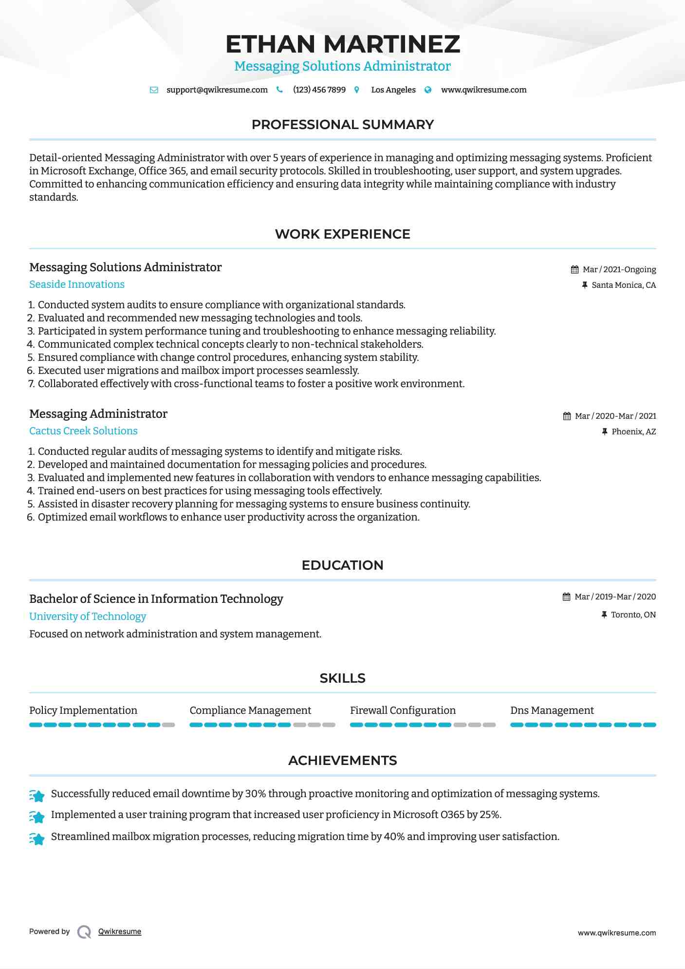 Messaging Solutions Administrator Resume Sample