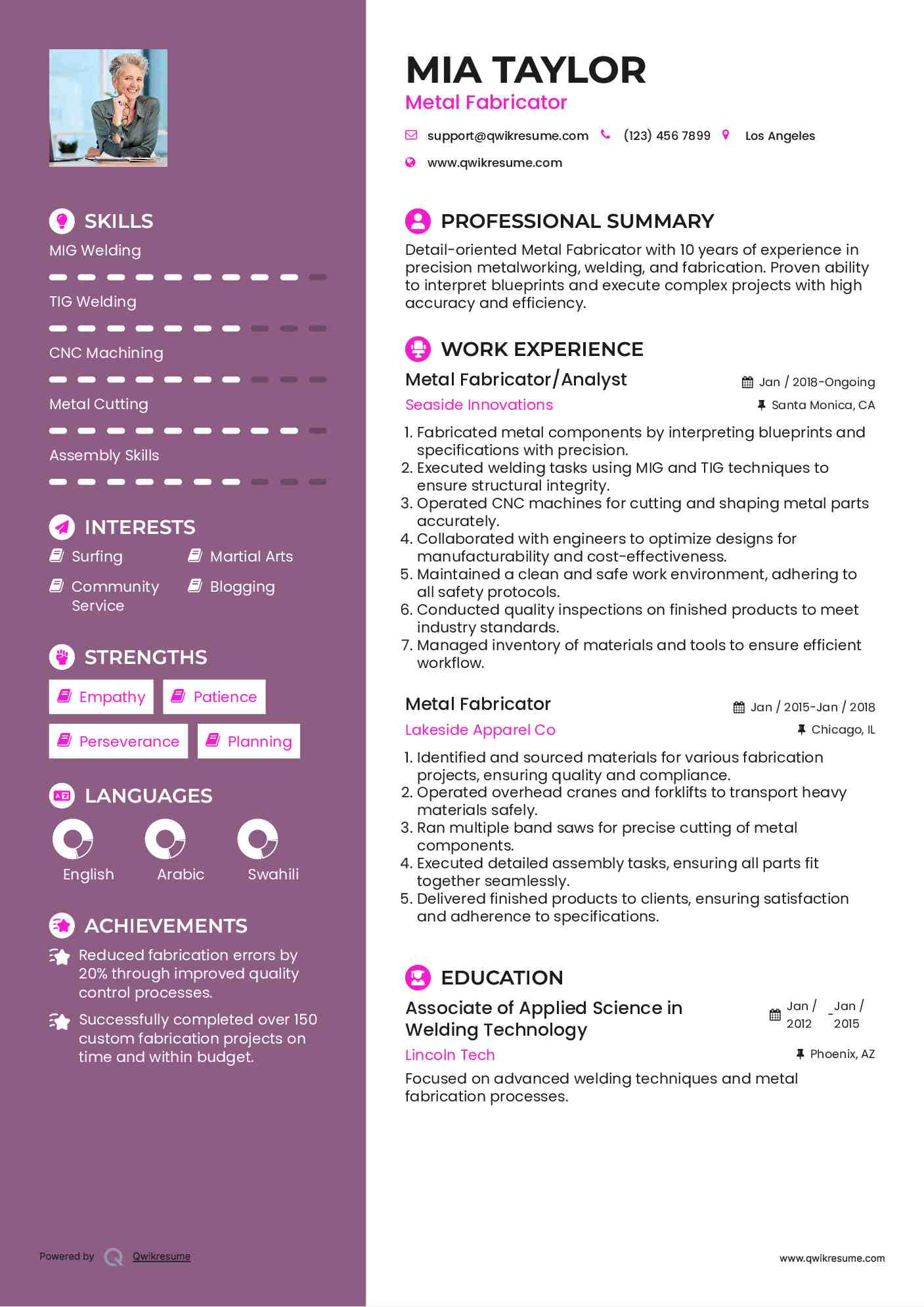 Metal Fabricator/Analyst Resume Template