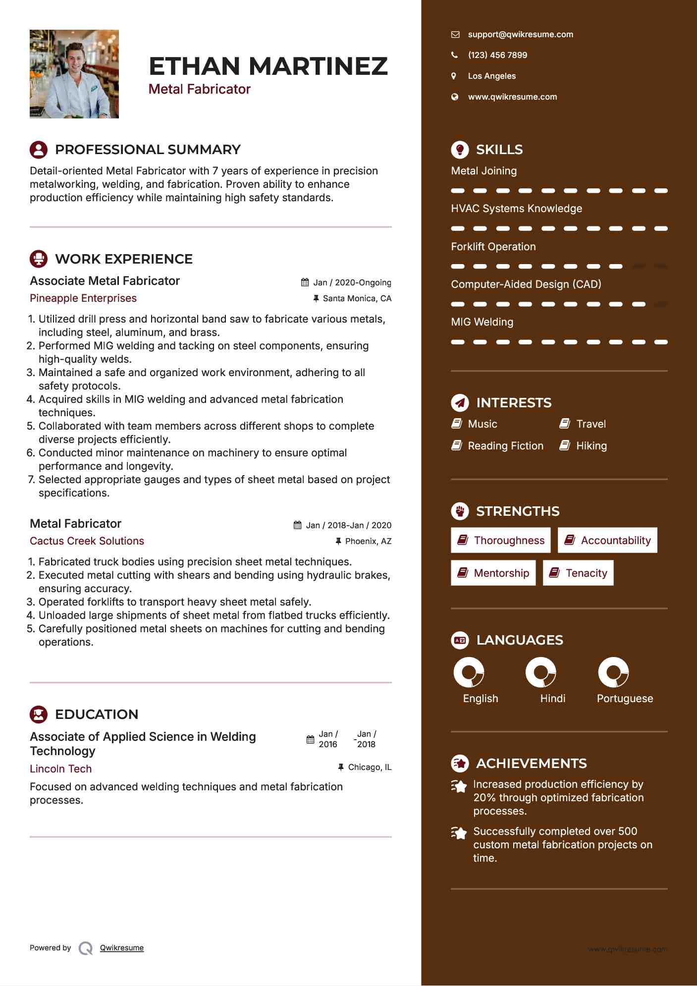 Associate Metal Fabricator Resume Format
