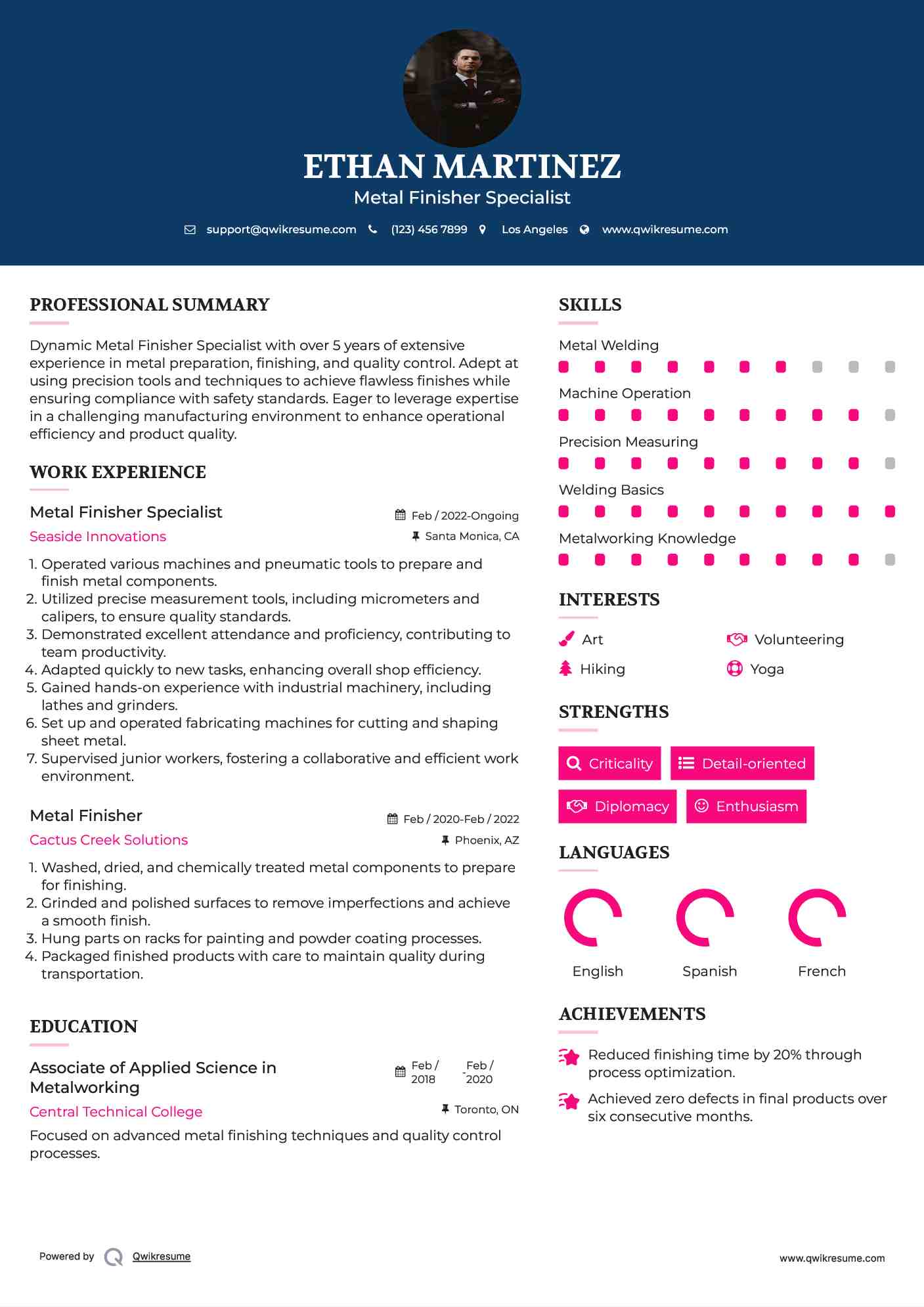Metal Finisher Specialist Resume Format