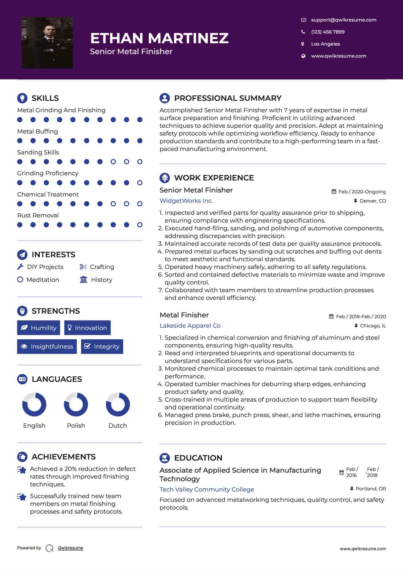 Senior Metal Finisher Resume Example