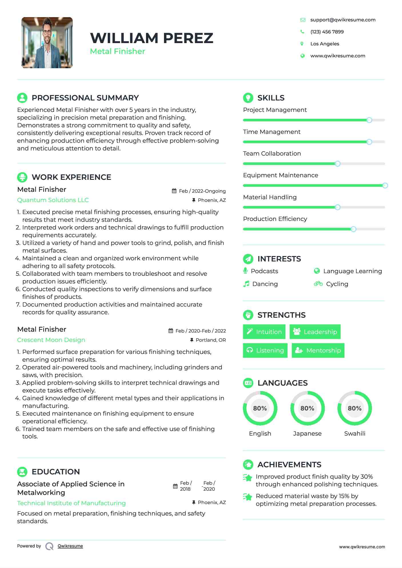 Metal Finisher Resume Example