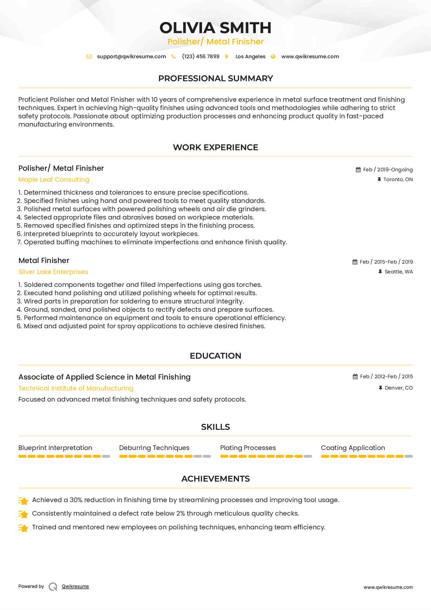 Polisher/ Metal Finisher
 Resume Example