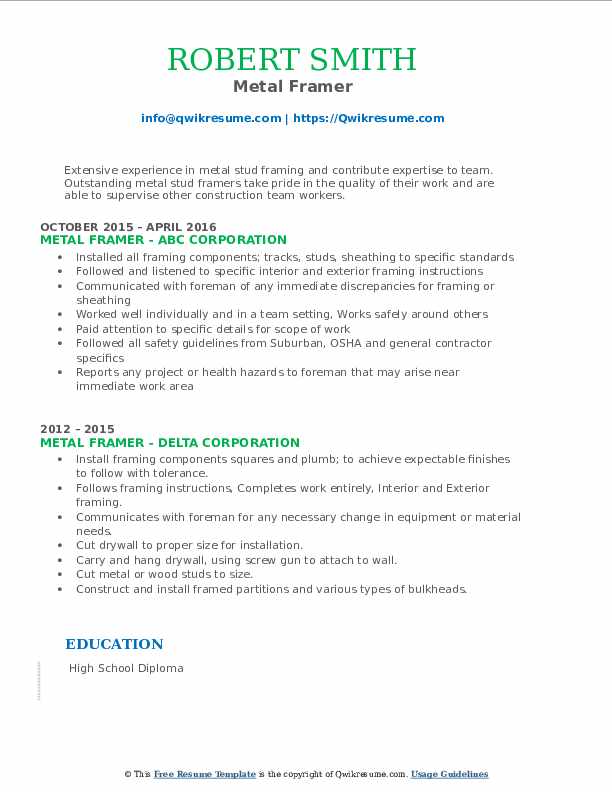 Metal Framer Resume Samples QwikResume