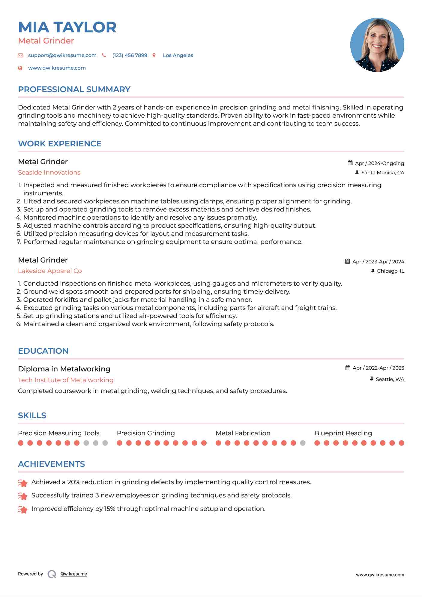 Metal Grinder Resume Format