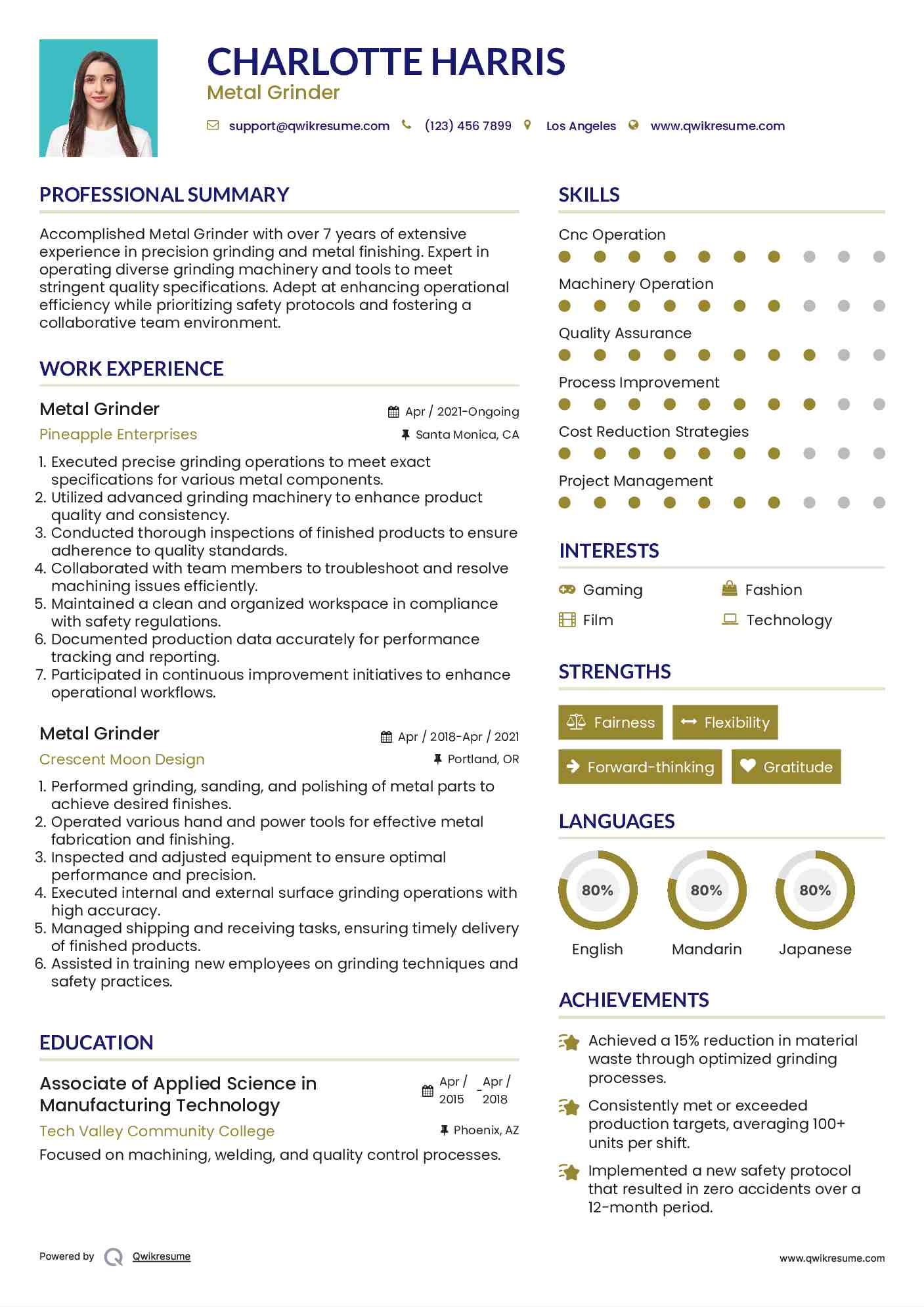 Metal Grinder Resume Sample