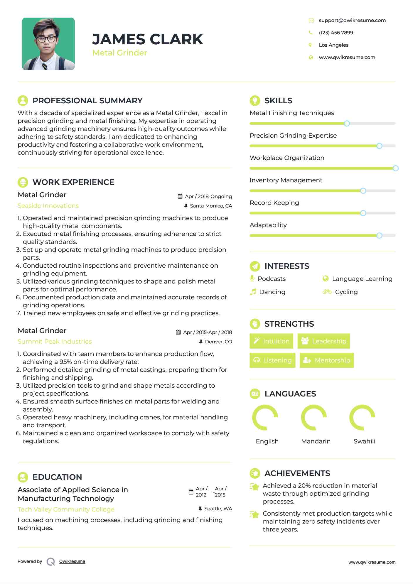Metal Grinder Resume Model