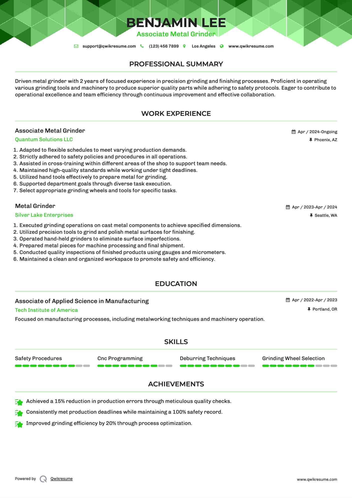 Associate Metal Grinder Resume Template